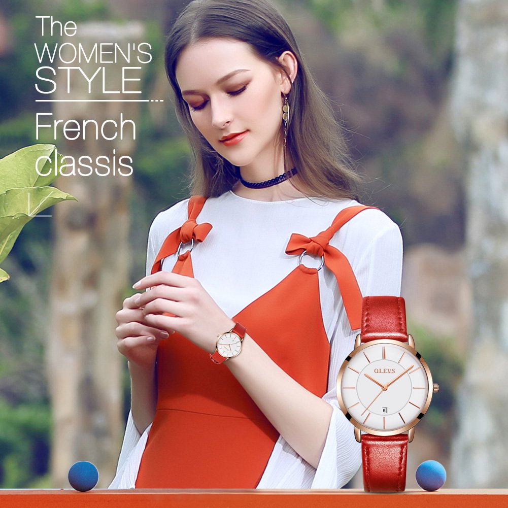 OLEVS Women's Waterproof Analog Quartz Watch - Ultra Thin Red Leather Strap with Date Calendar - Elegant Wristwatch for Everyday Wear, Office & Special Occasions - Perfect Gift for Women