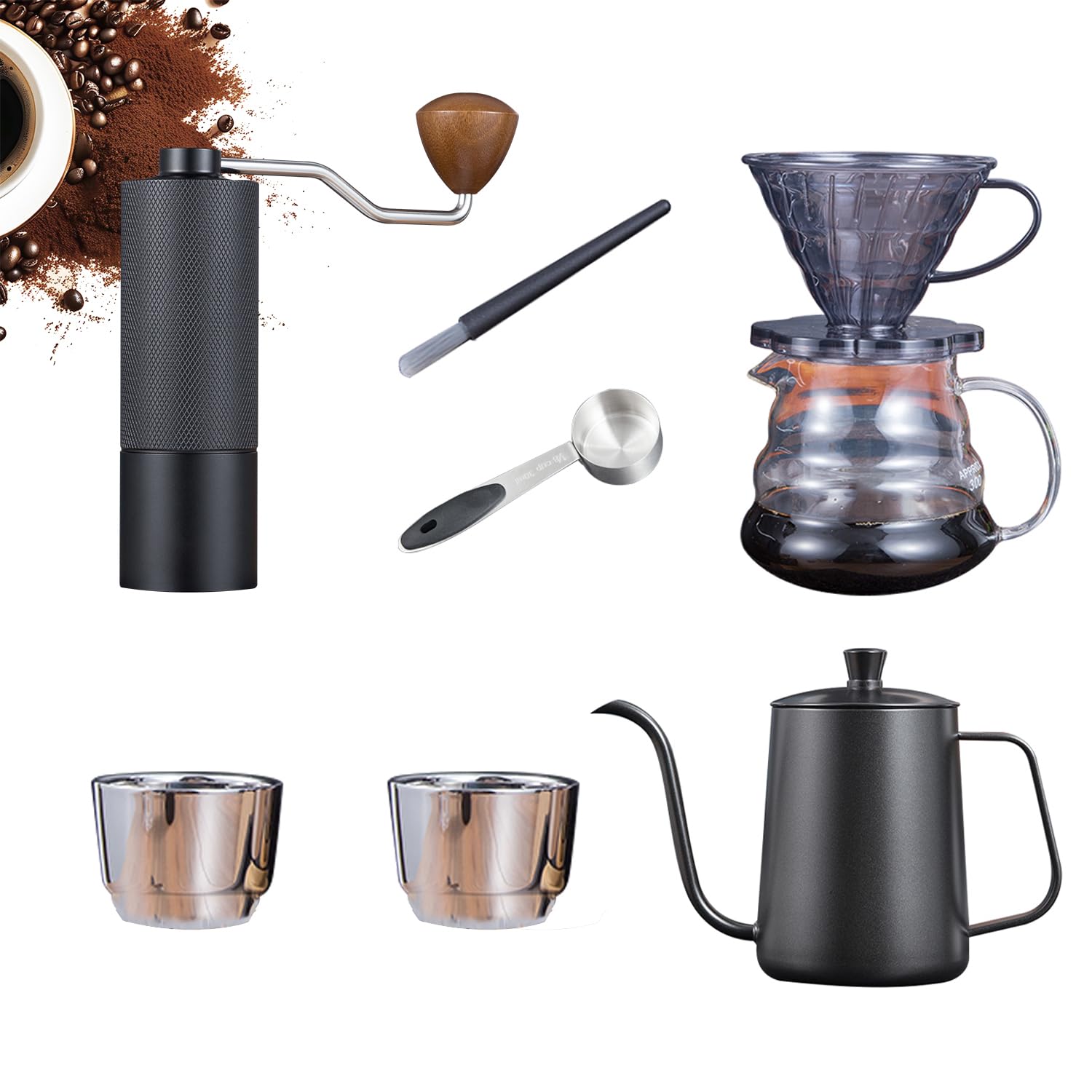 Premium Manual Coffee Grinder Set with Stainless Steel Cup, Glass Coffeemaker & Accessories - Perfect for Home Brewing, Camping & Office Use (Black)