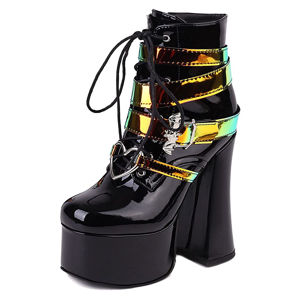 SaraIris Women's Platform Boots - Chunky High Heel Lace Up Ankle Boots with Chain & Pearl Decor | Punk Goth Fashion Boots for Women | Perfect for Concerts, Night Out & Alternative Style Outfits