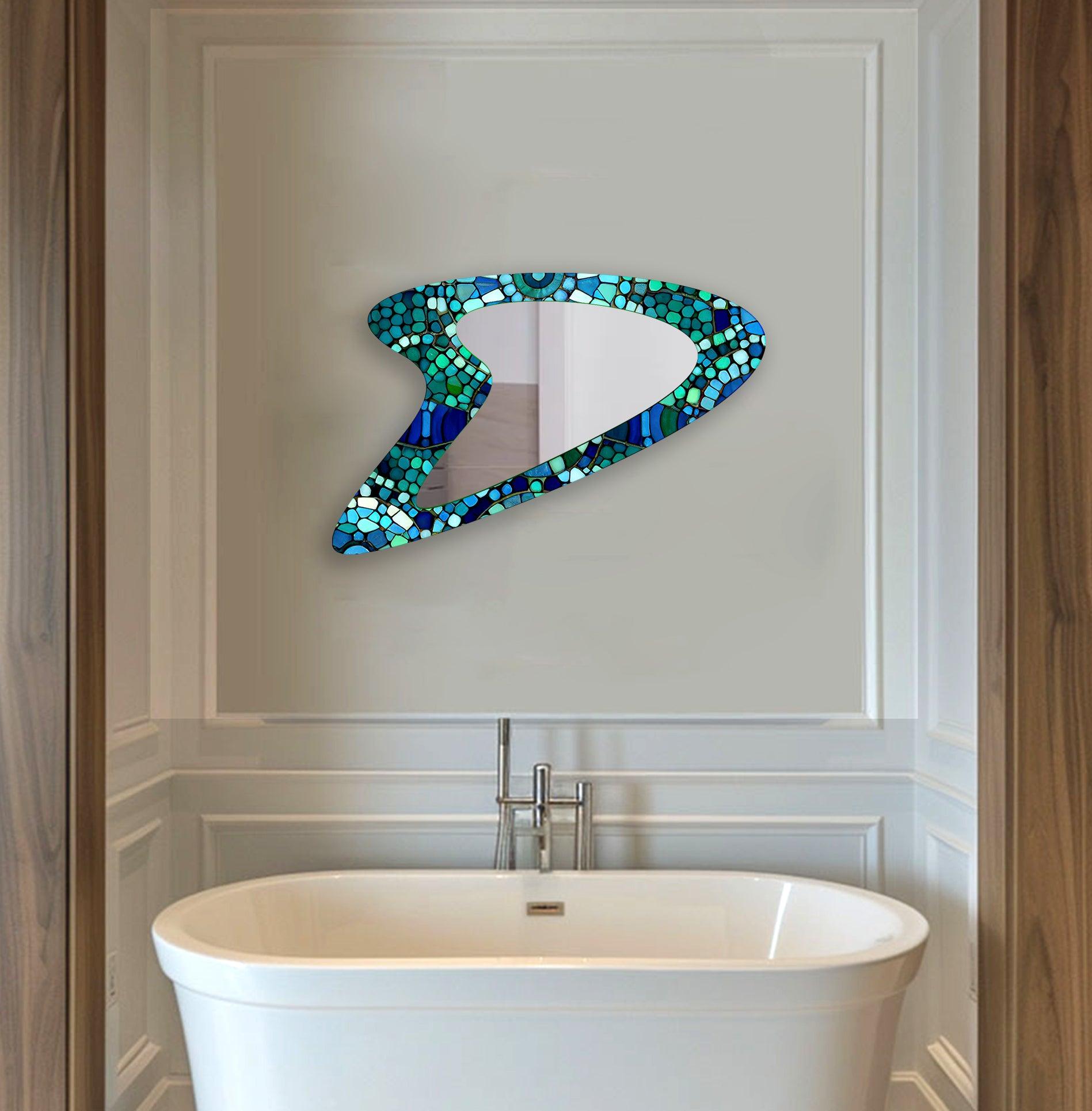 Blue & Green Decorative Mosaic Wall Mirror - Handcrafted Boho Style Bathroom & Bedroom Decor - Perfect for Vanity, Entryway & Living Room Accent Wall