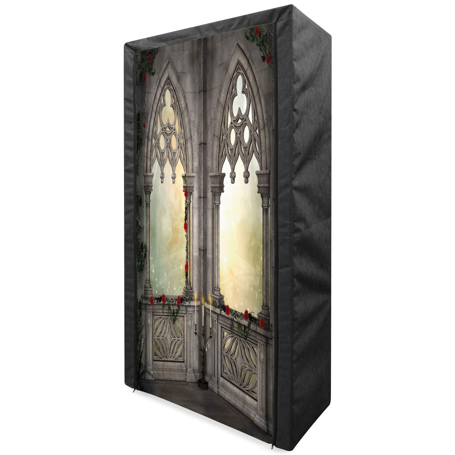 Ambesonne Gothic Portable Fabric Wardrobe - Vintage Ottoman Palace Style Clothing Organizer with Shelves, 33.5 Inch Beige Storage Closet for Bedroom, Balcony & Dorm | Red Rose & Ivy Floral Design