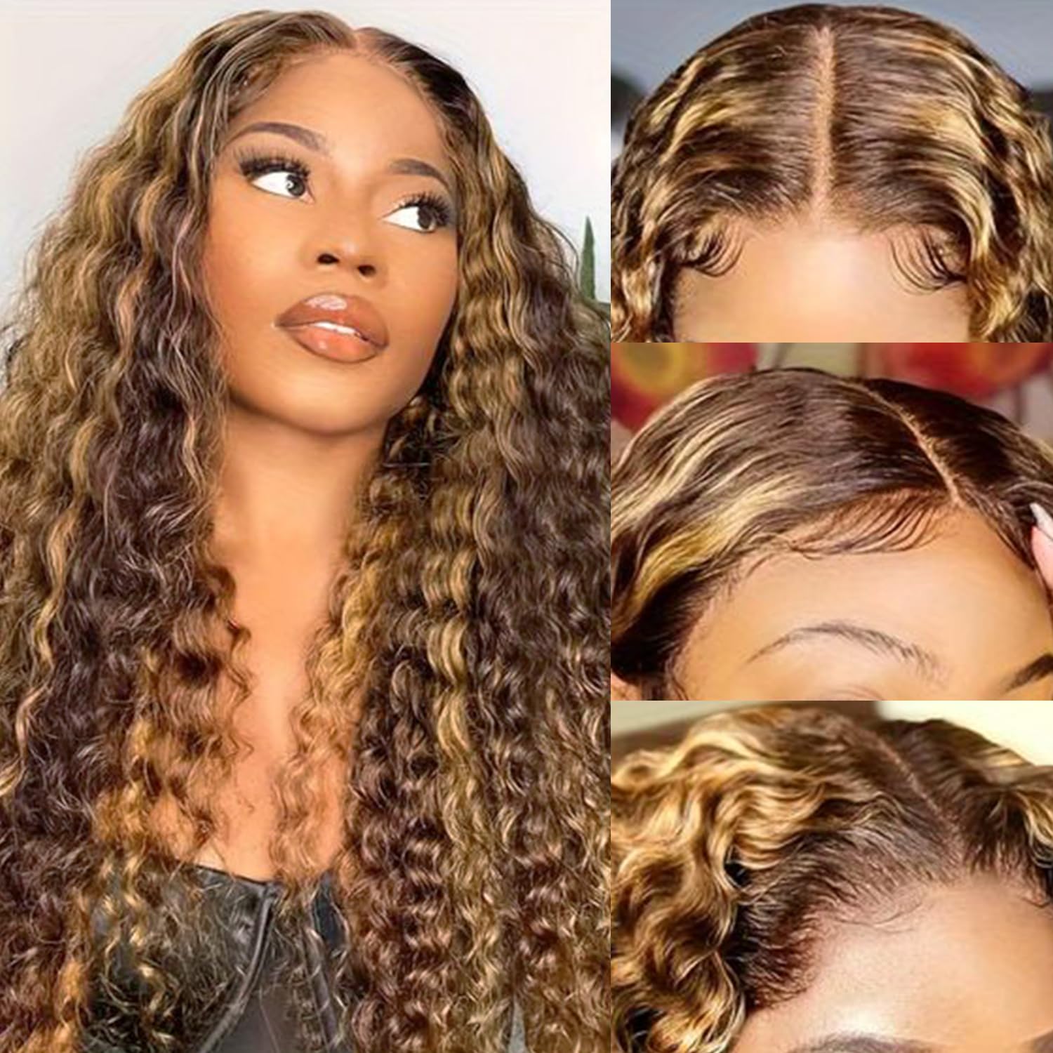 13x6 Highlight Lace Front Wig Human Hair - Deep Wave Lace Front Wigs with Baby Hair & Pre-Plucked Hairline - 180% Density Honey Blonde Curly Human Hair Glueless Wigs for Black Women (4/27 Color, 24 inch) - Perfect for Daily Wear, Parties, Weddings & Special Occasions