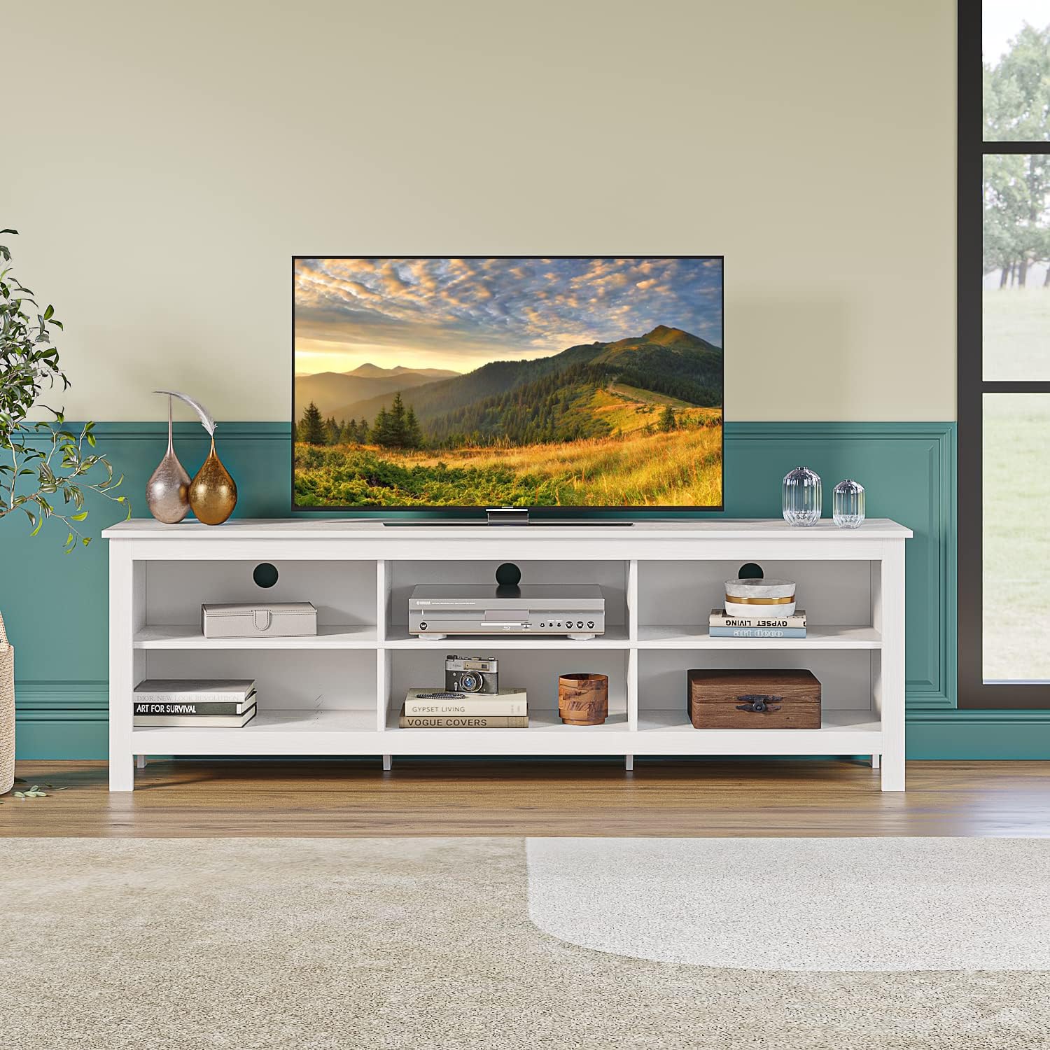 75 Inch TV Stand with 6 Storage Cubby - Modern Entertainment Center Media Console for Living Room & Bedroom - White TV Table for Flat Screen TVs (Perfect for Movie Nights & Family Gatherings)