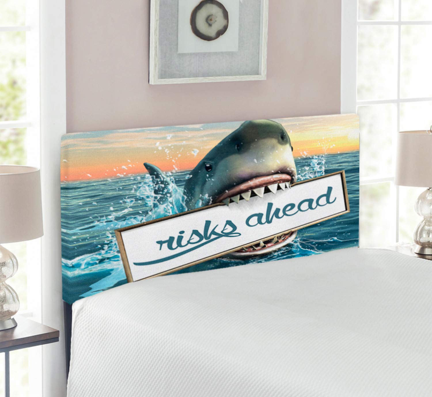 Ambesonne Shark Headboard - Upholstered Decorative Metal Bed Headboard with Memory Foam, Twin Size, Multicolor Ocean Theme - Perfect for Kids' Bedroom, Teen Room & Nautical Themed Decor