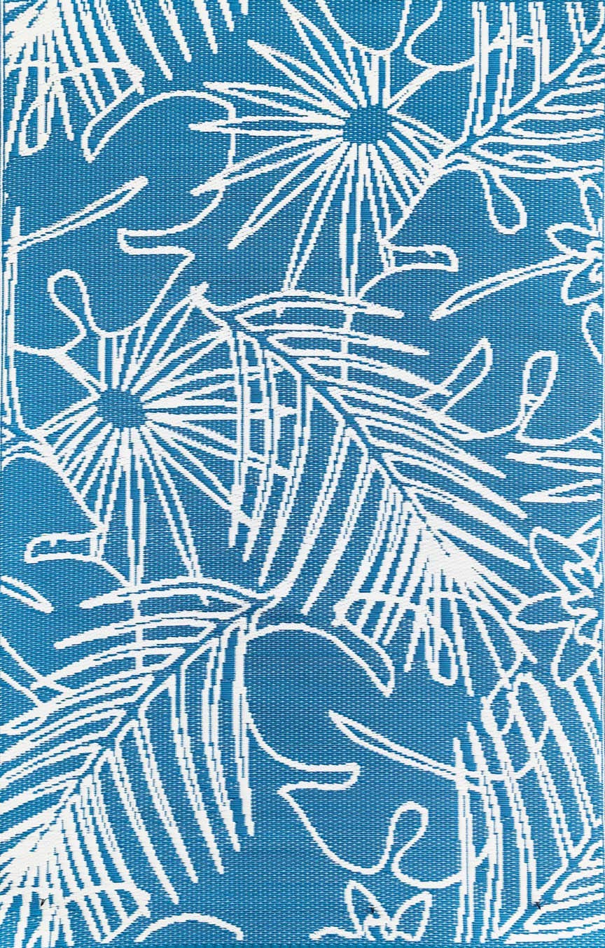 Mad Mats Reversible Plastic Outdoor Rug - 6' x 9' Turquoise/White Palm Design for Patio, Porch, Deck, Kitchen & Bath - Durable & Easy to Clean for Indoor/Outdoor Use