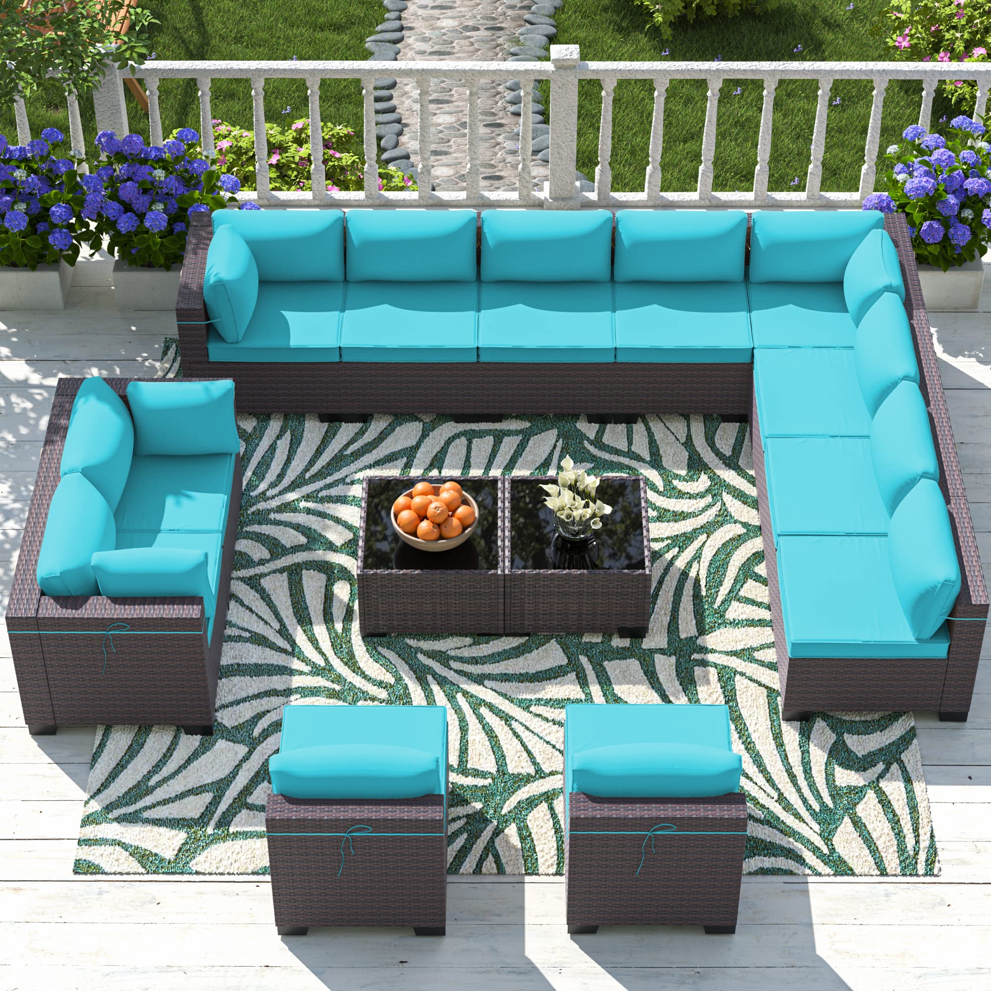 14-Piece All-Weather PE Rattan Outdoor Patio Furniture Set with Cushions & Tempered Glass Table - Teal Sectional Sofa Conversation Set for Backyard, Garden, Poolside & Deck Relaxation