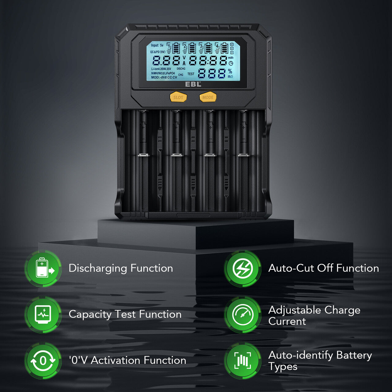 EBL 18650 Lithium Battery Charger with Discharge & Testing Functions - Universal 3.7V Li-ion Battery Charger for Flashlights, Vape Mods & Electronic Devices - Fast Charging with LCD Display & Safety Protection
