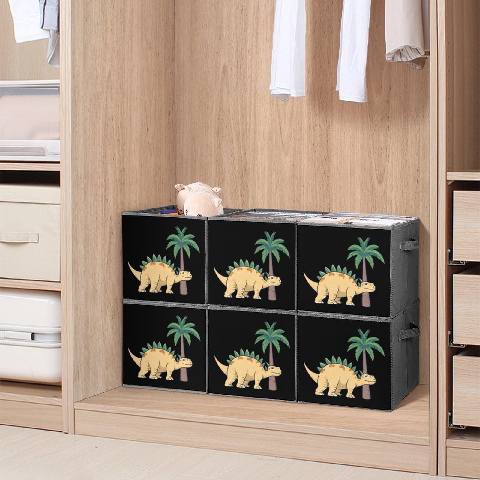 Dinosaur Foldable Storage Cubes - 6 Pack Square Organizer Bins with Handles for Kids Room, Playroom & Closet Organization | Space Saving Toy Storage Solution