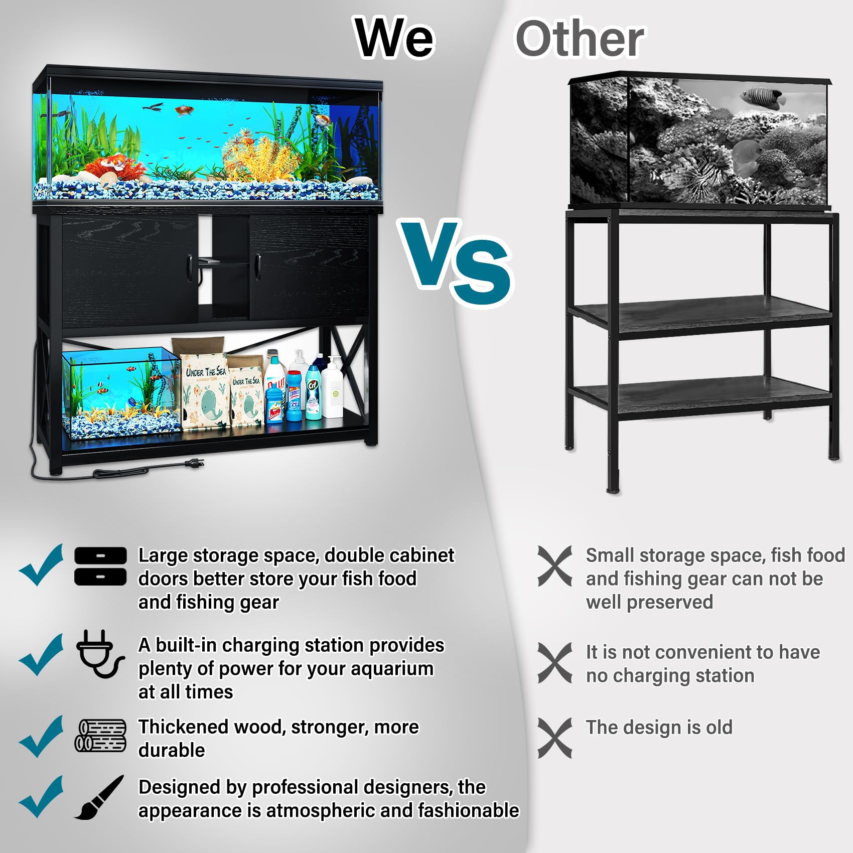TC-HOMENY 55-75 Gallon Heavy Duty Aquarium Stand with Charging Station & Cable Management | Metal Fish Tank Stand with Storage Cabinet | 51