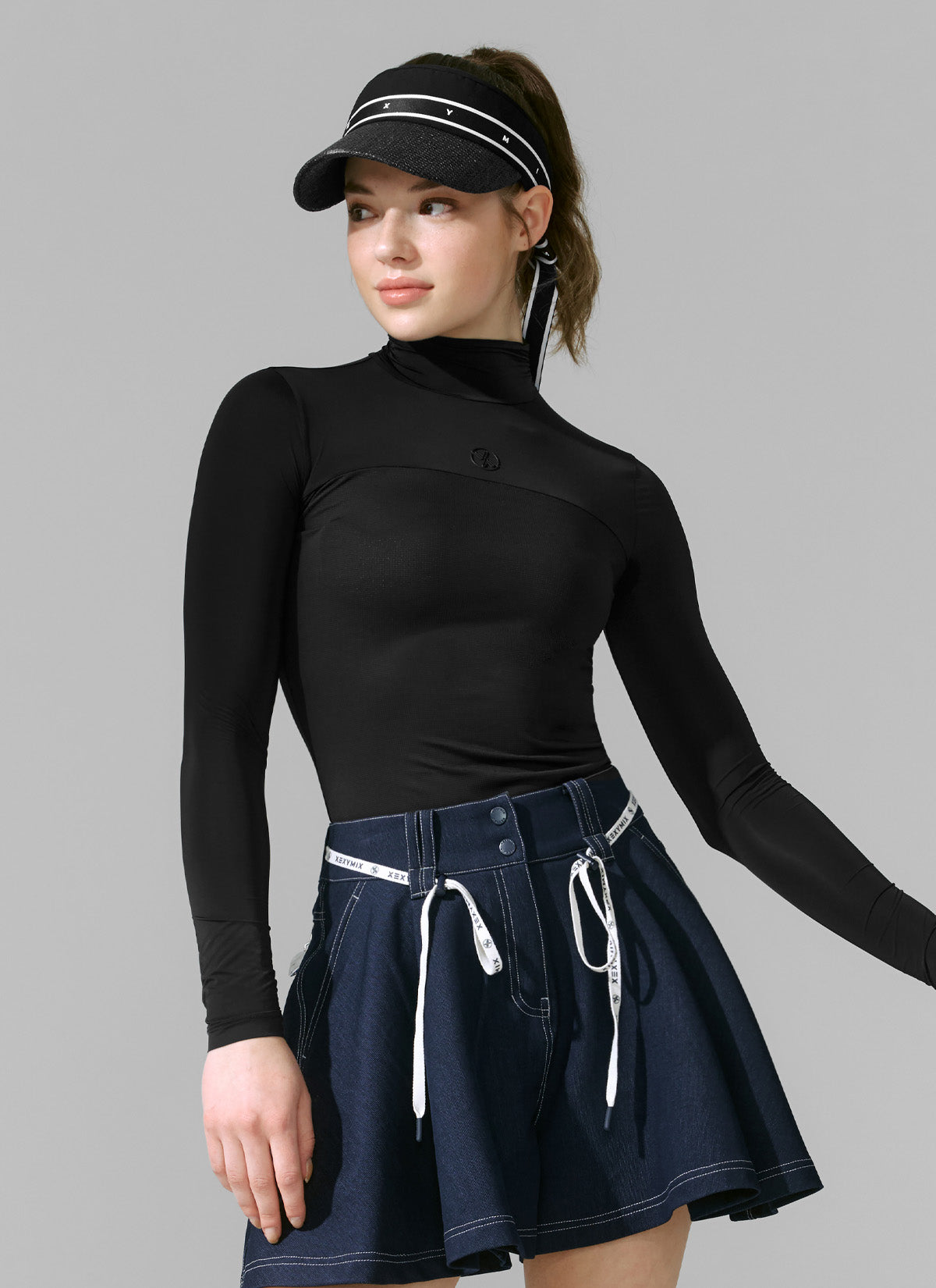 Shirring Grid Mock Neck Baselayer Top - Women's Stretchy Long Sleeve Shirt for Yoga, Workout & Layering