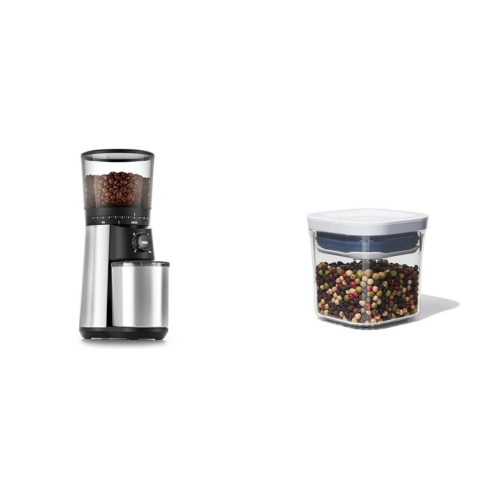 OXO Brew Conical Burr Coffee Grinder Silver & Good Grips POP Airtight Food Storage Container - Mini Square 0.2 Qt for Spices, Dried Herbs, Coffee Beans - Perfect for Kitchen, Pantry, Camping & Travel
