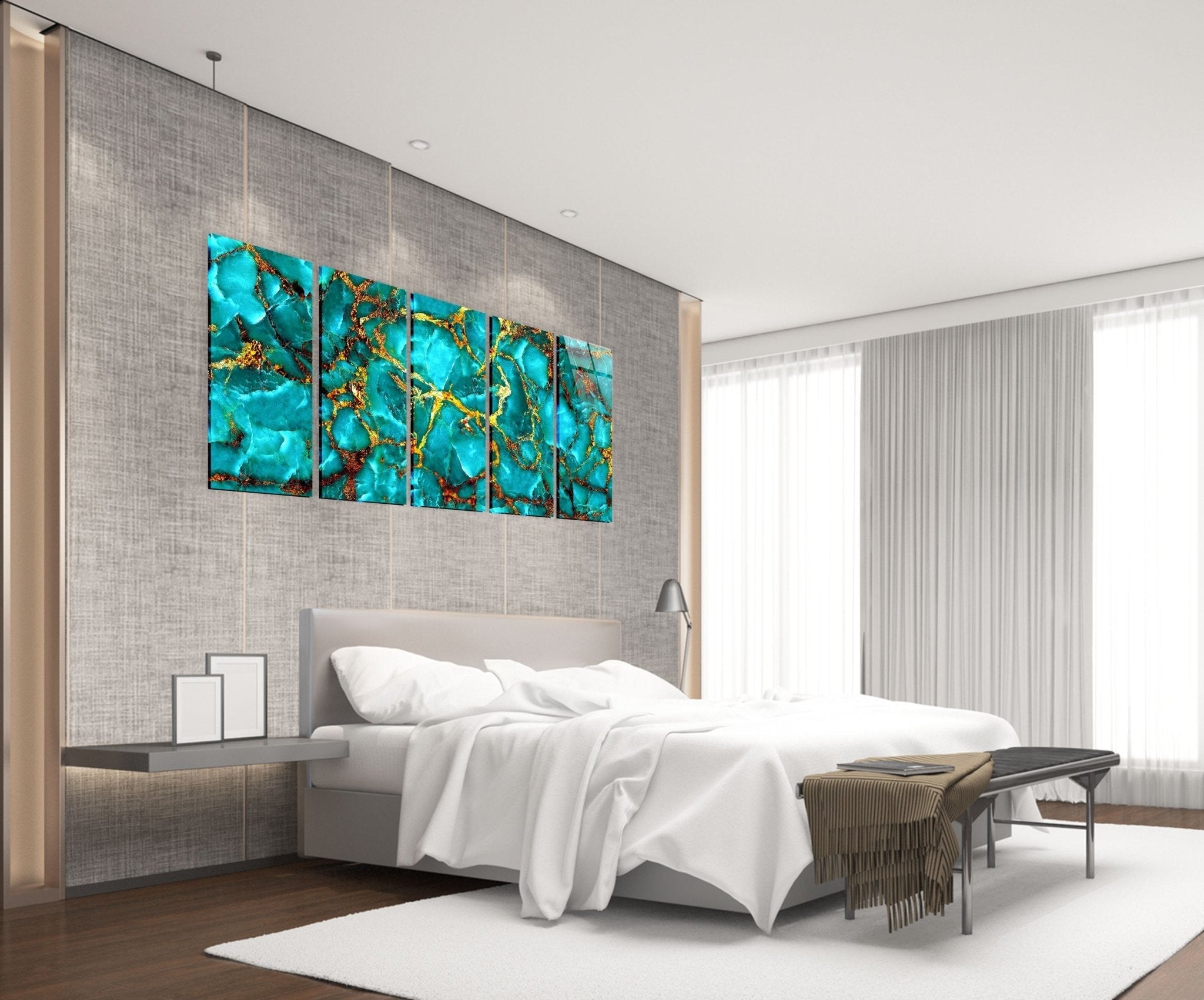 Abstract Glass Wall Art in Aqua Blue with Gold Veins - Modern Home Decor for Living Room, Bedroom & Office