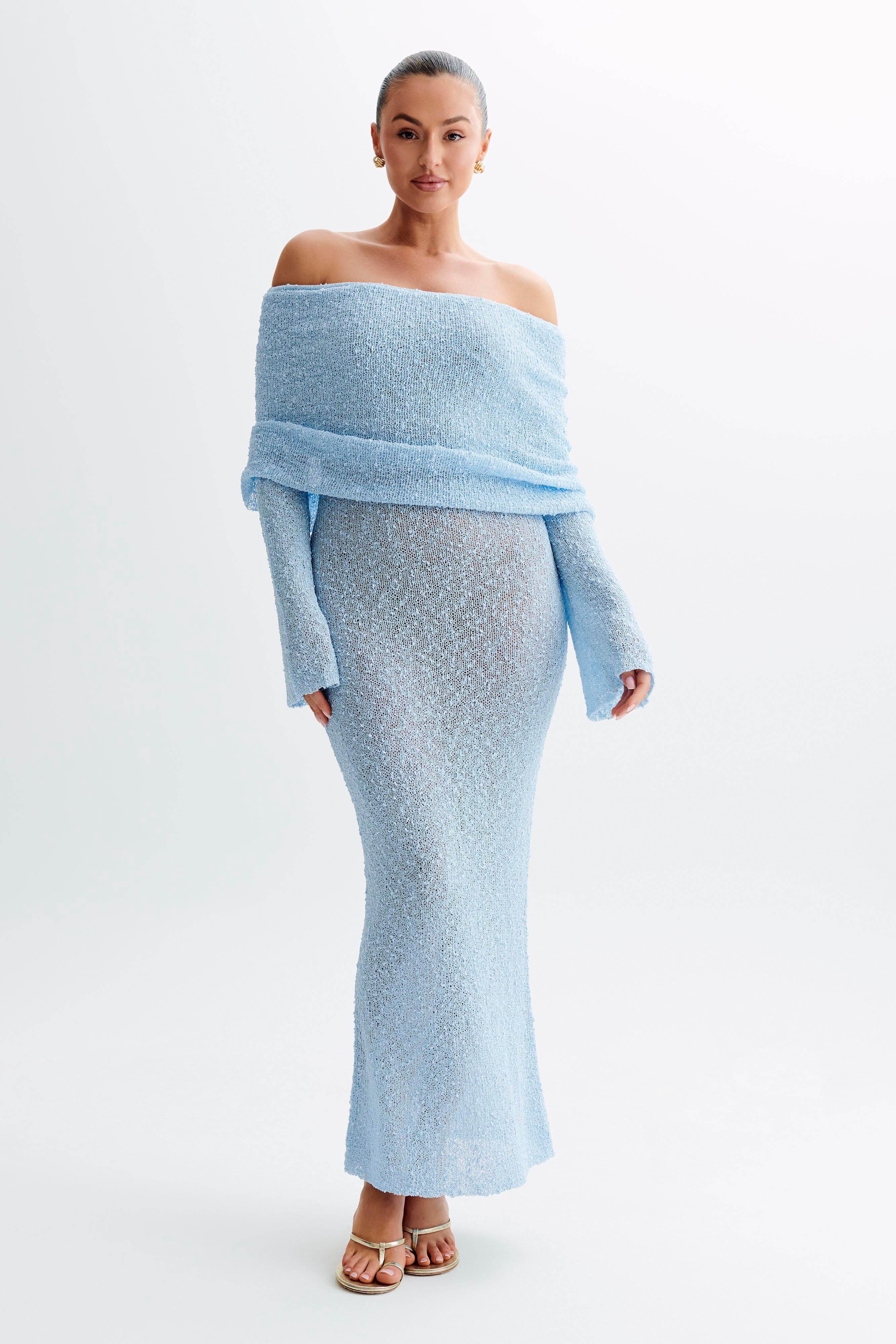 Marisol Off Shoulder Boucle Maxi Dress for Women - Light Blue Summer Beach Wedding Party Dress | Elegant Formal Evening Gown & Boho Chic Outfit
