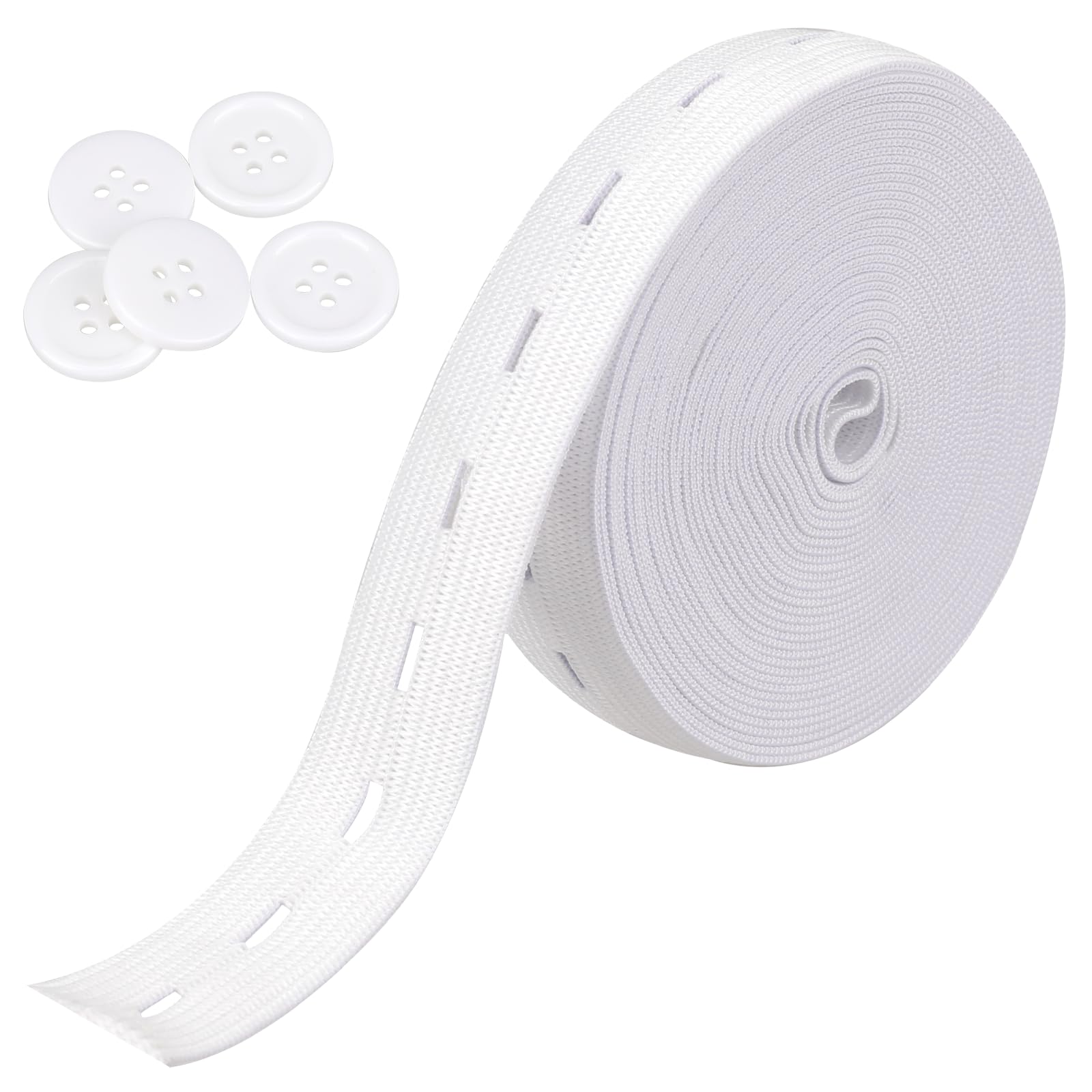 3/4 Inch High Elasticity Knit Elastic Band for Sewing - DIY Craft Supplies with 5PCS 18mm White Buttons & Buttonholes, Spool Pant Waist Tightener (5.5 Yards, White) - Perfect for Waistbands, Face Masks & DIY Clothing Accessories
