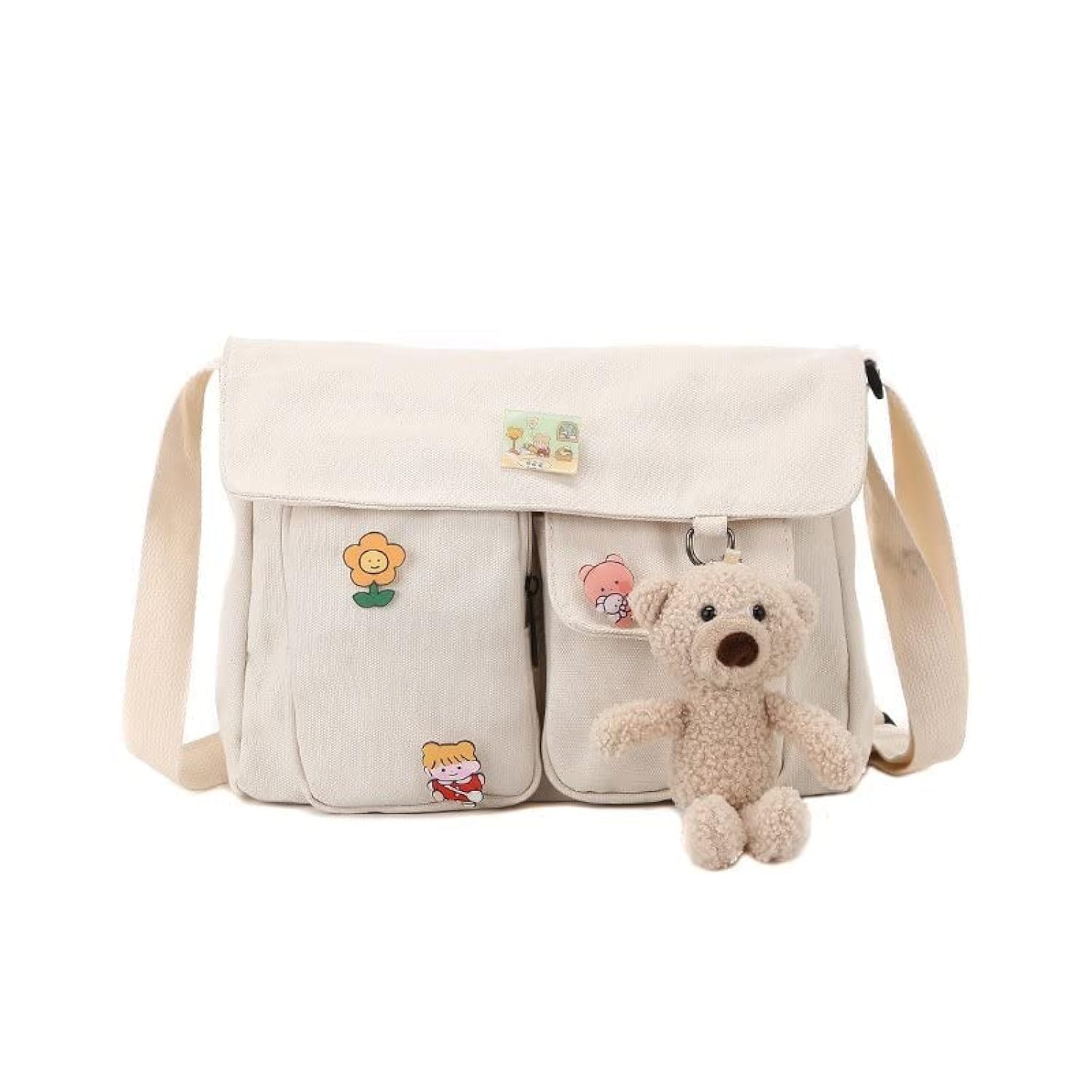Stylish Canvas Crossbody Bag for Women - Cute Messenger Purse with Pins & Pendant - Fashionable Shoulder Bag for School, Work & Daily Use