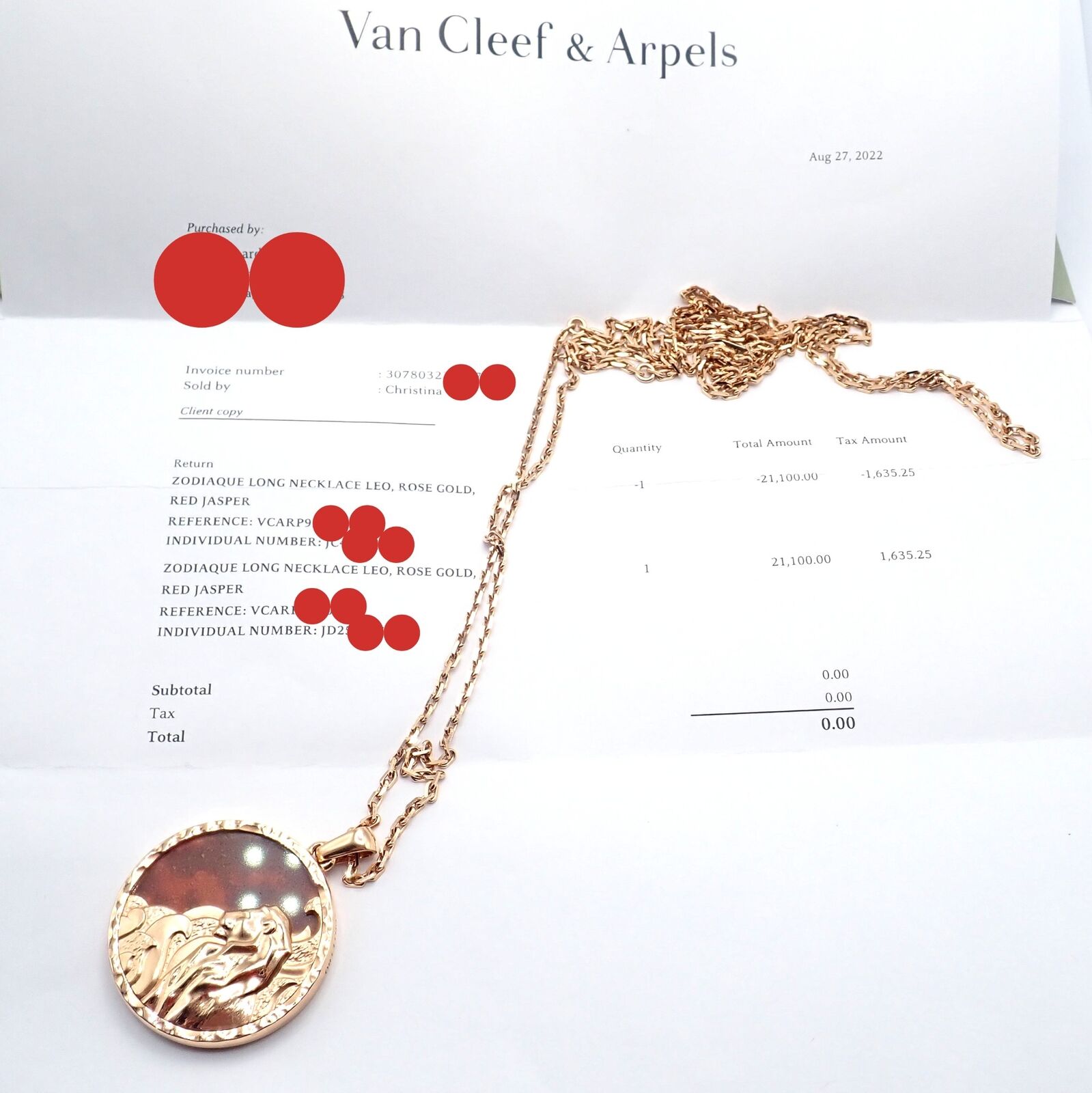 Van Cleef & Arpels 18K Rose Gold Leo Zodiac Pendant Necklace with Red Jasper - Authentic with Certificate - Perfect for Birthdays, Anniversaries & Luxury Gifts