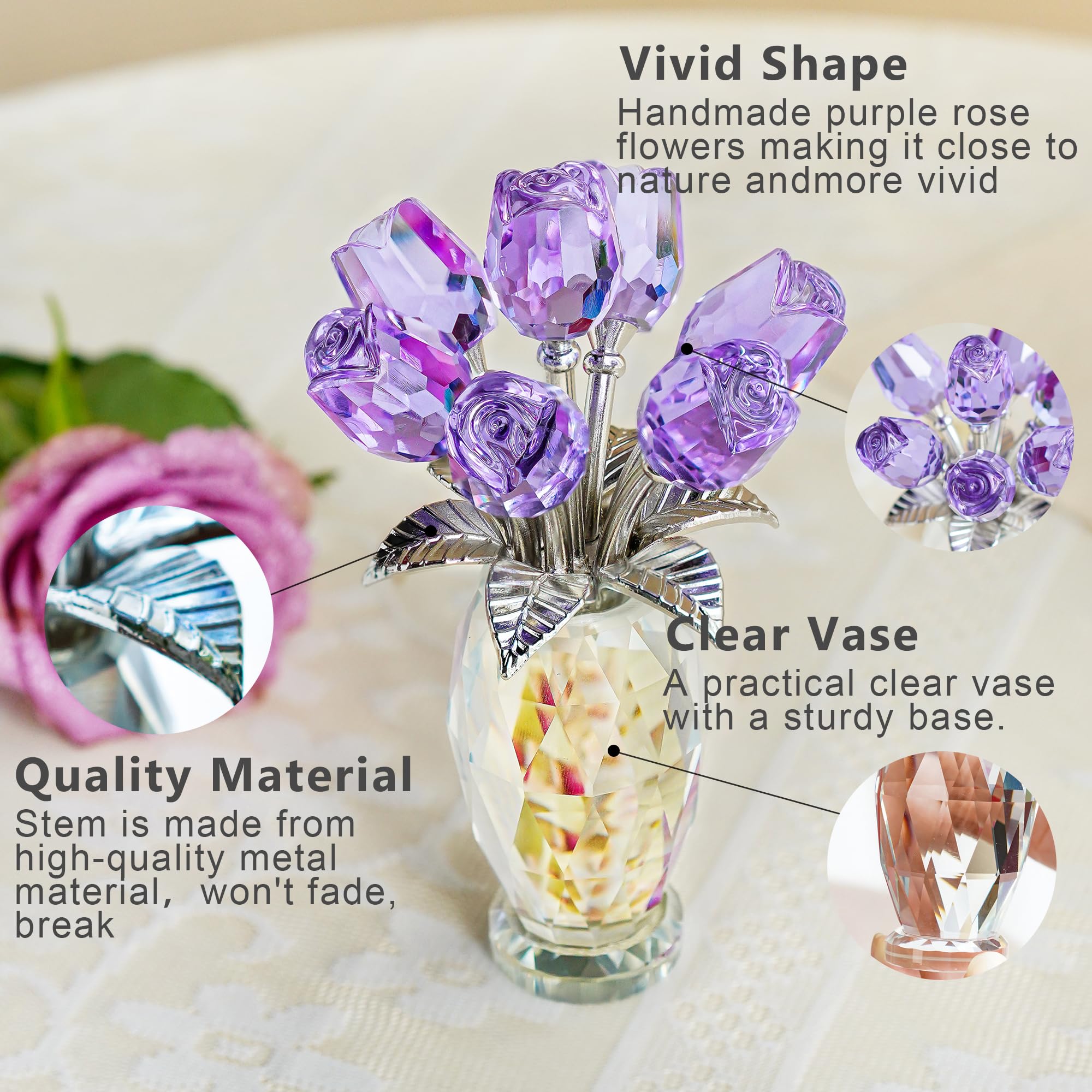 H&D HYALINE & DORA Purple Crystal Rose Flower Figurine - Elegant Glass Flower Collectible Gift for Mom, Wife, Grandma | Perfect for Mother's Day, Thanksgiving, Anniversary & Birthday Celebrations | Home Decor, Wedding Centerpiece, Office Desk Ornament
