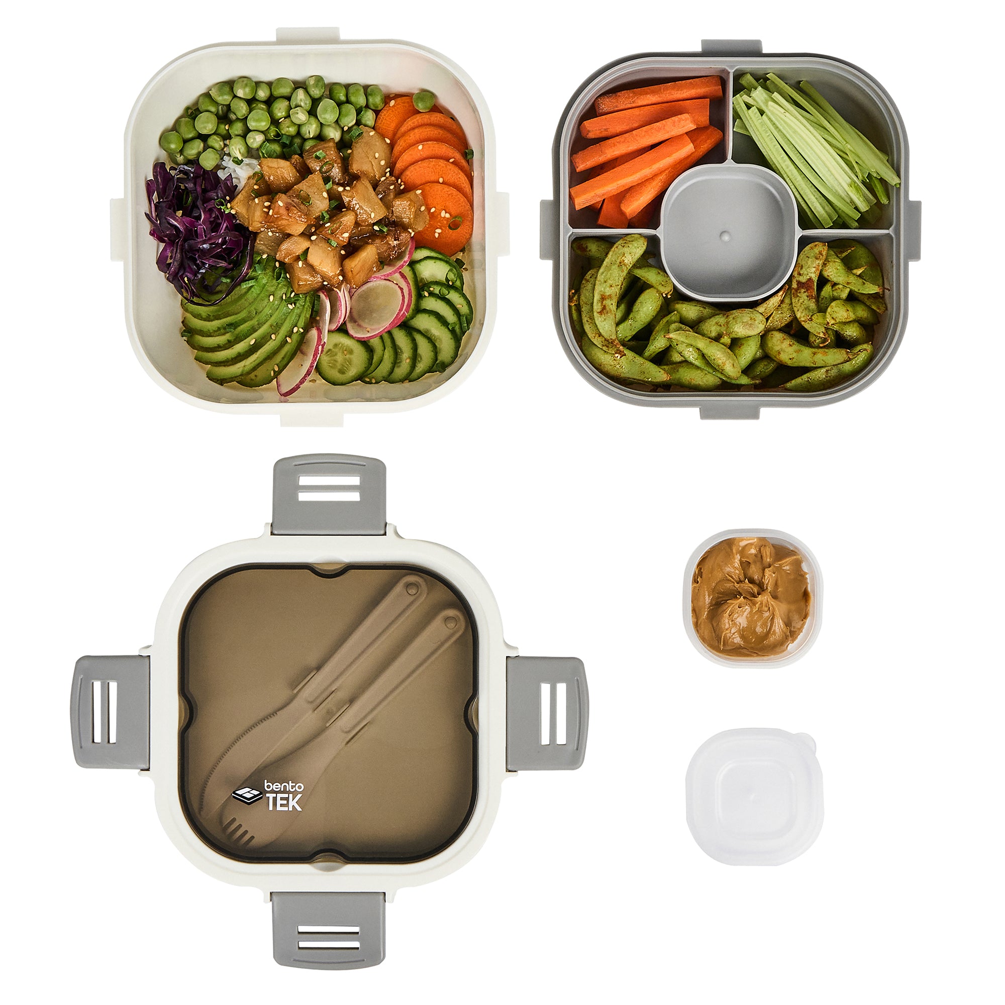 Bento Tek 58 oz White and Gray BPA Free Lunch Box with Fork & Knife - Microwave Safe, 7.25