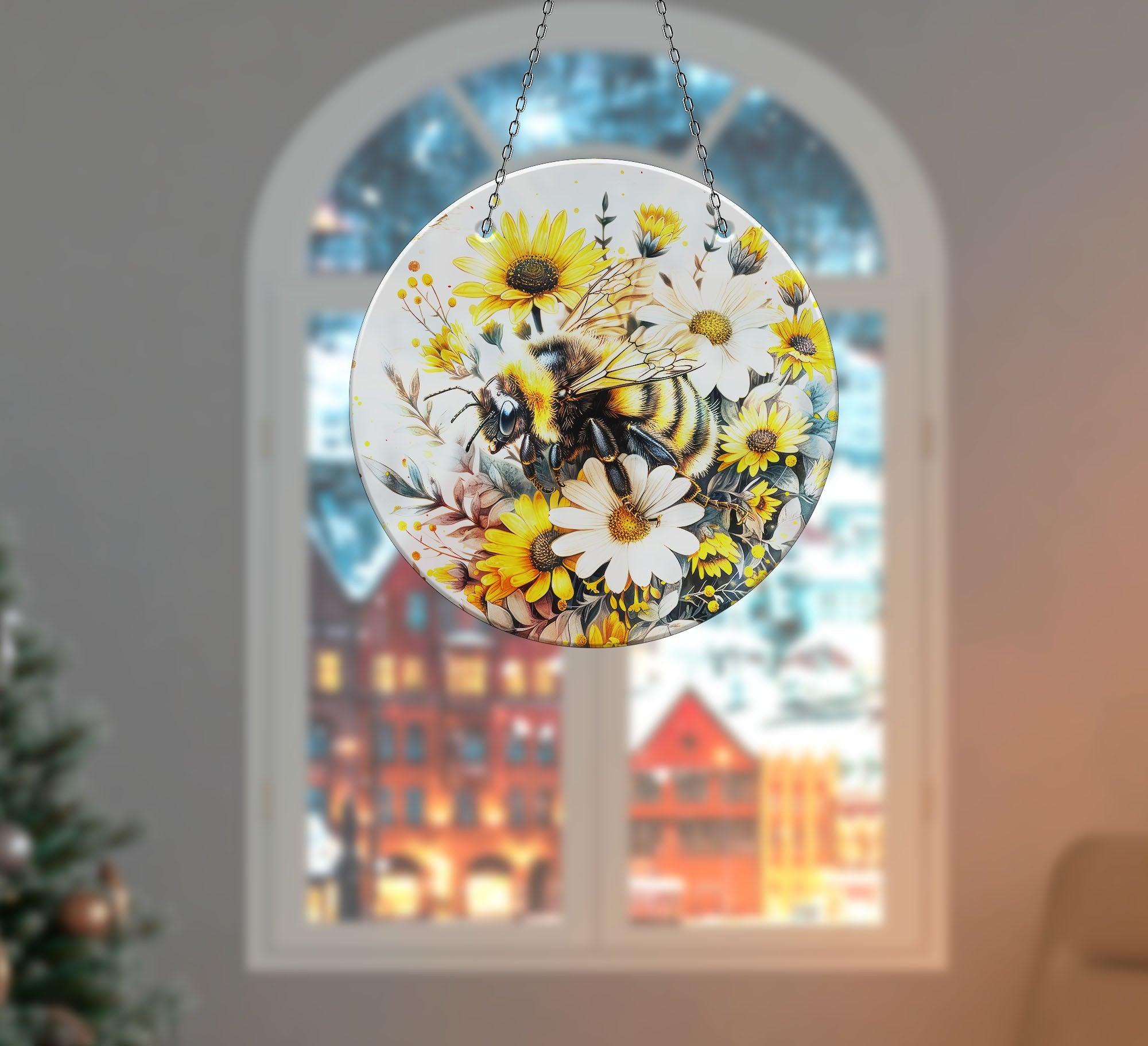 Bee & Daisies Stained Glass Suncatcher - Handmade Window Decor for Home, Office, Garden - Perfect for Gifts, Wedding Decorations & Boho Style Rooms