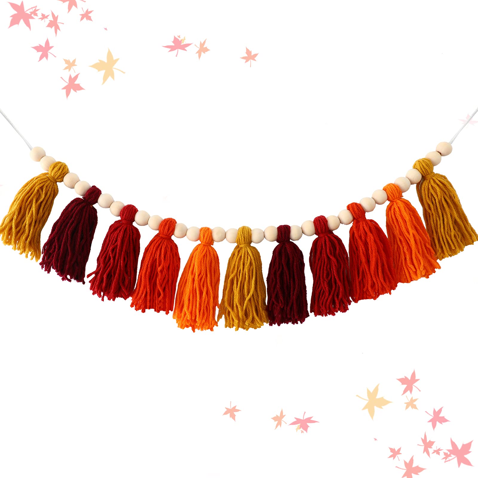 36 Inch Wood Beads Garland with Tassels - Natural Wooden Boho Decor for Rustic Country Home, Fall Table Centerpiece, Wall Shelf & Vase Styling - Perfect for Living Room, Bedroom & Wedding Decor