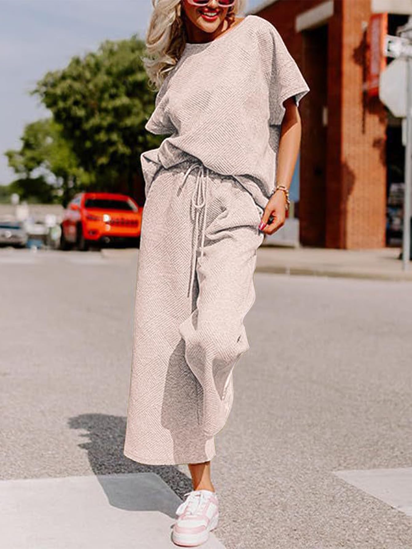 YKR Women's 2-Piece Lounge Set - Soft Knit Short Sleeve Pullover Top & Wide Leg Pants - Comfortable Summer Outfit 2024 - Perfect for Home Relaxation, Yoga, and Casual Outings