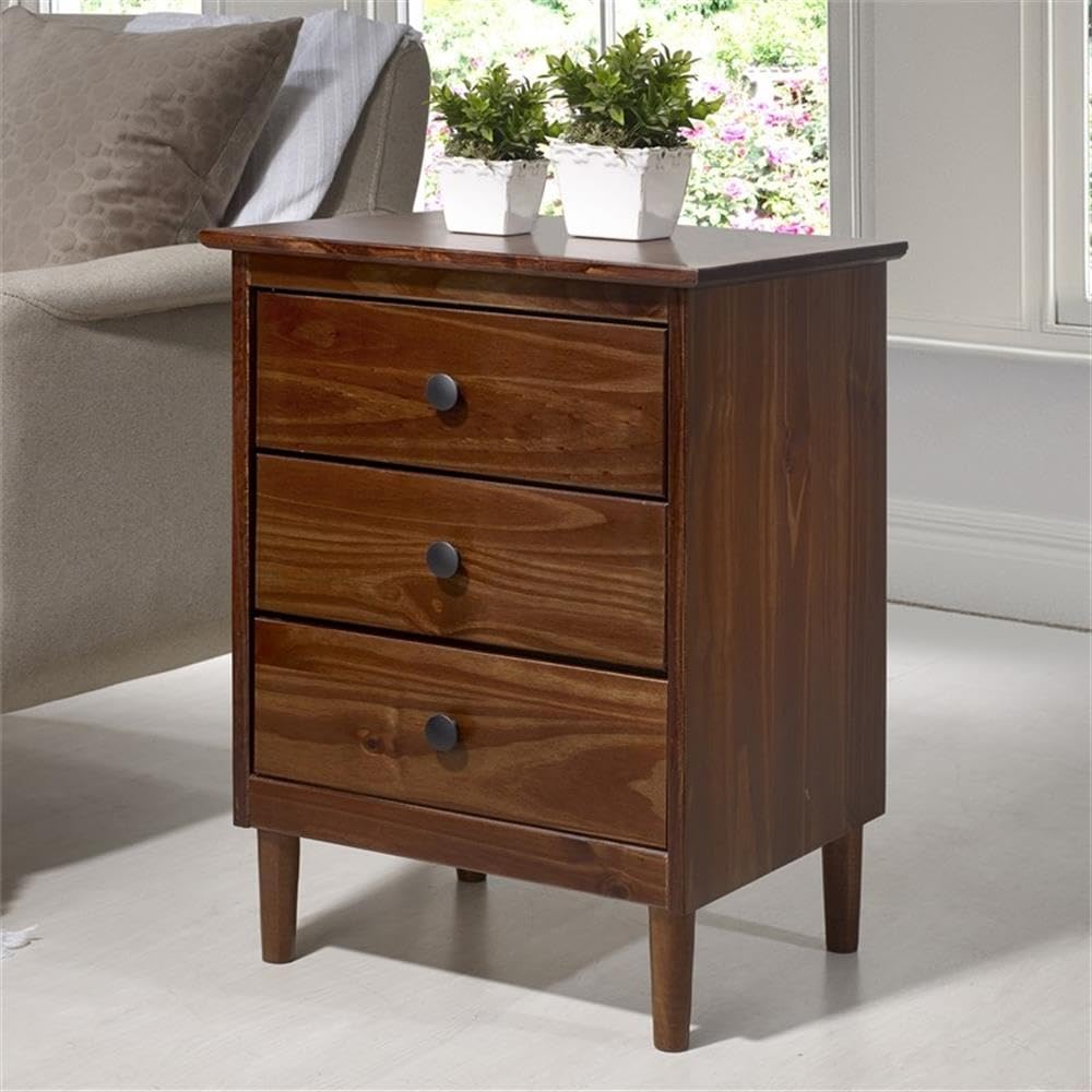 Pemberly Row Modern 3-Drawer Wood Nightstand - Walnut Finish Bedside Table for Bedroom, Living Room & Office - Compact Storage End Table with Smooth Gliding Drawers