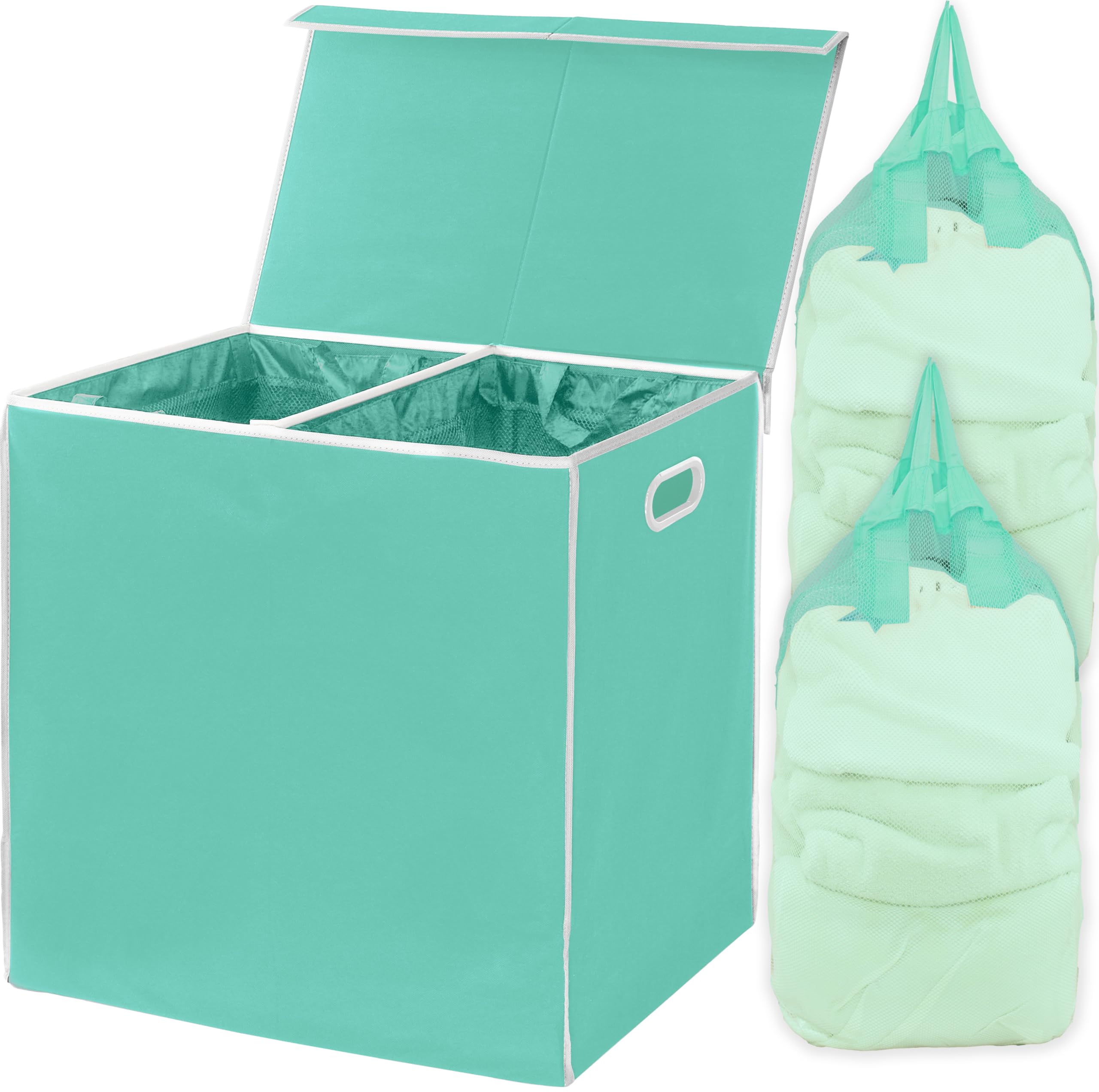Double Laundry Hamper with Lid & Removable Bags - Foldable Clothes Hamper Basket for Bedroom, Bathroom & Dorm - Turquoise Storage Organizer for Dirty Clothes & Linens