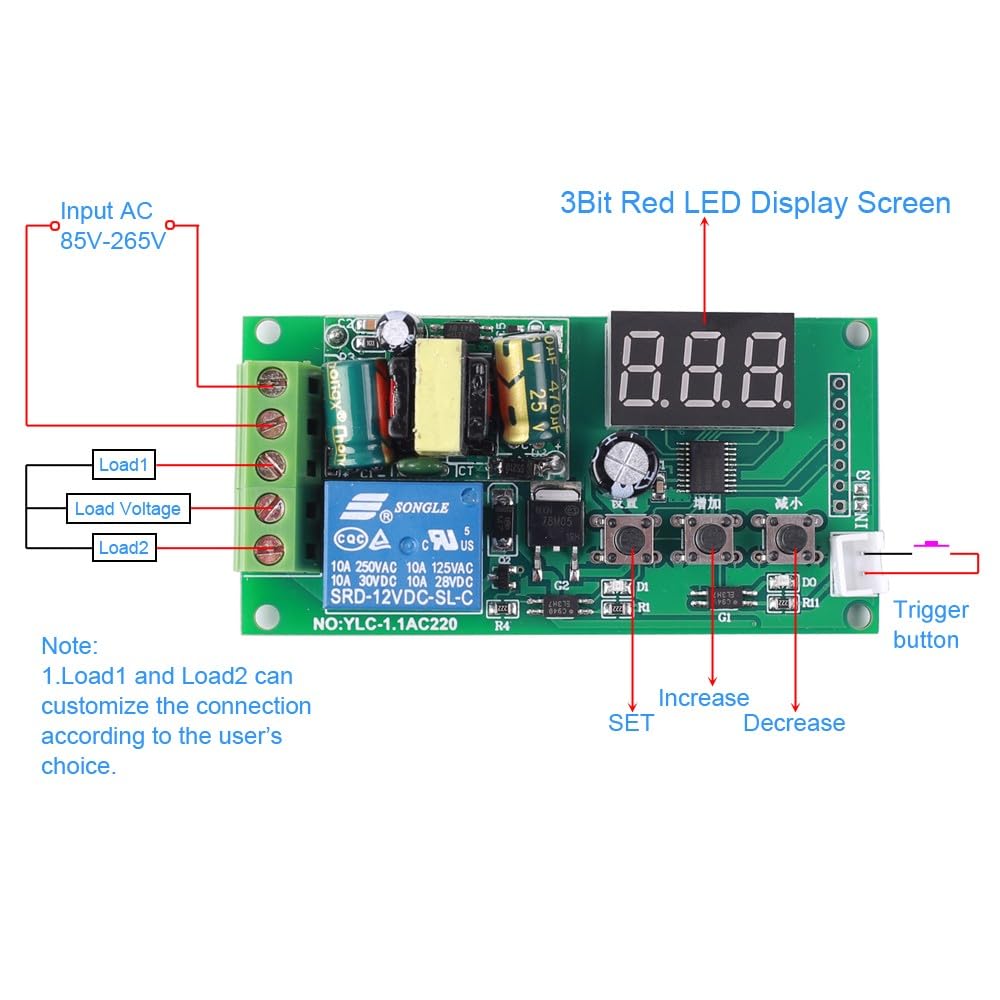 DONGKER YLC-1.1AC220 Timer Relay Switch Module - AC 85V-265V LED Display & Button Control for Home Automation, Industrial Equipment, and DIY Projects
