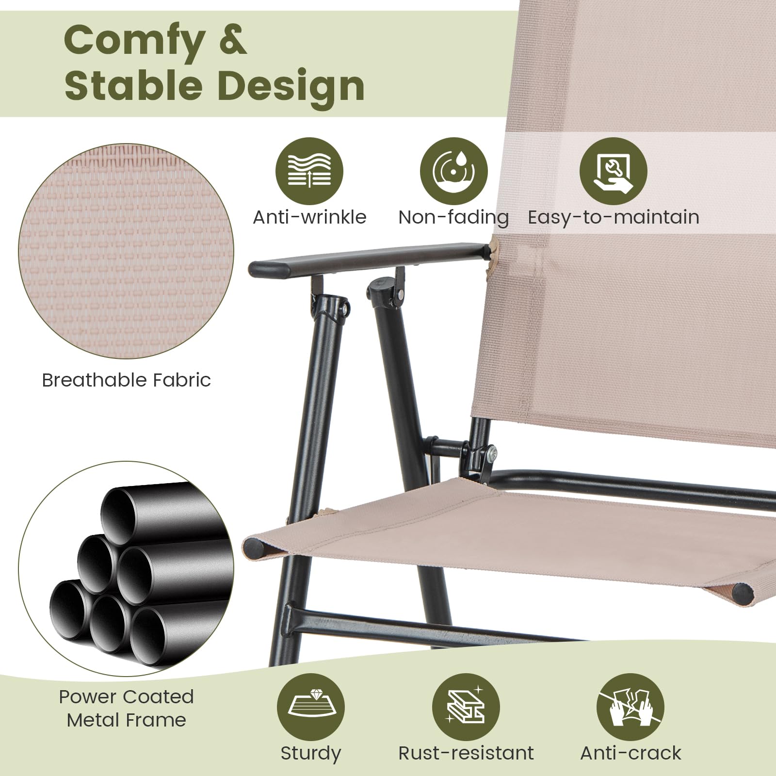 Giantex Outdoor Folding Bar Chair Set of 2 - Patio Bar Stools with Backrest, Armrests & Footrest - Heavy Duty 330 LBS Capacity Metal Frame Bar-Height Chairs for Backyard, Poolside, Balcony, Deck - Perfect for Outdoor Dining, Entertaining & Relaxation