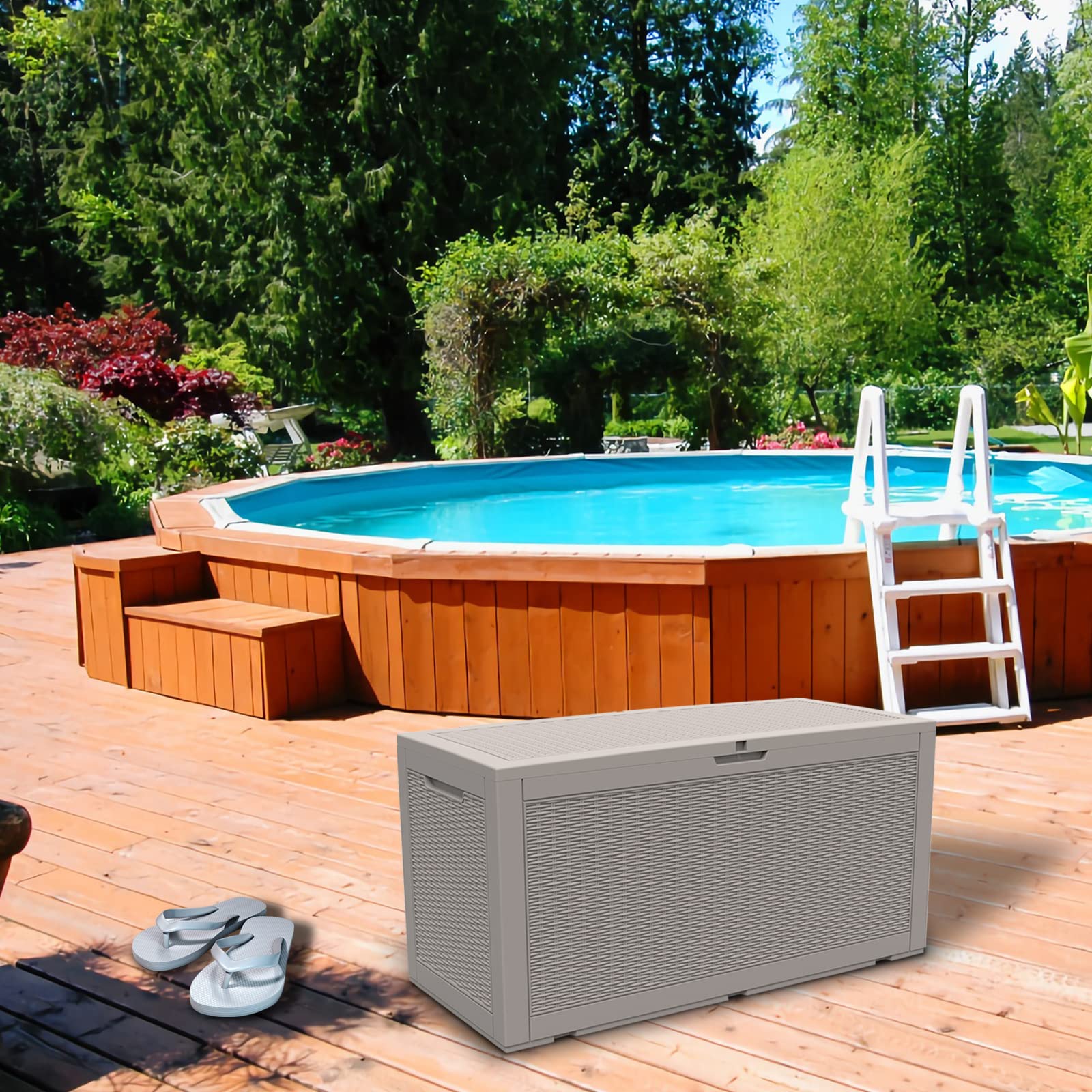 100 Gallon Waterproof Outdoor Storage Deck Box - Modern-Depo Polypropylene Garden & Pool Storage Bench for Towels, Tools & Patio Accessories - Gray - Perfect for Backyard, Porch & Poolside Organization