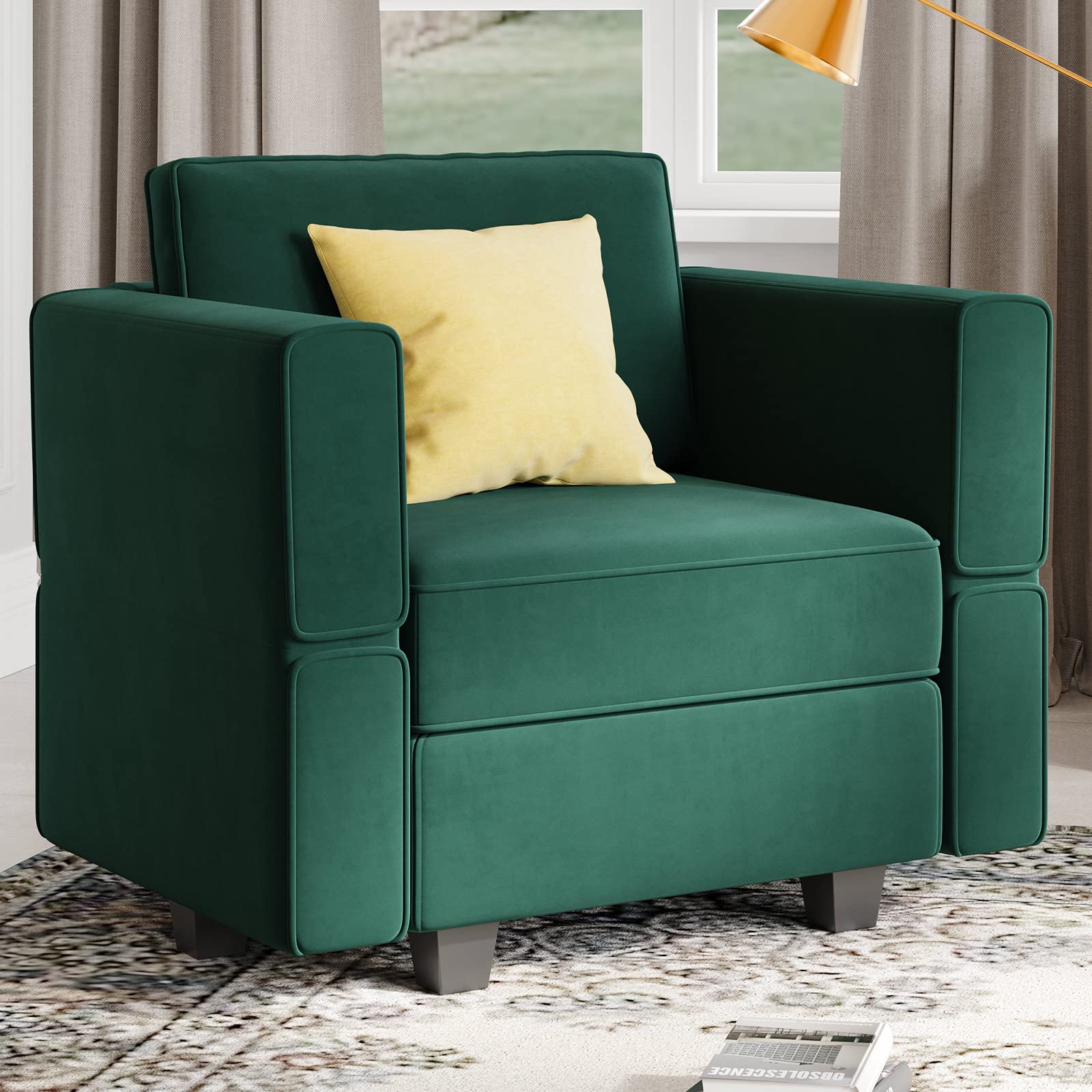 Belffin Velvet Modular Sectional Arm Chair with Storage Seat - Single Club Accent Chair for Apartment, Green - Perfect for Living Room, Lounge & Small Space Decor