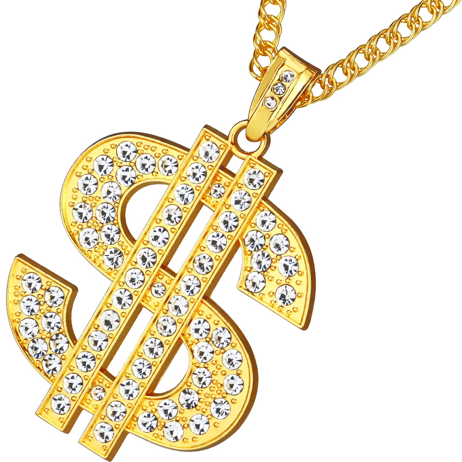 Gold Plated Hip Hop Chain with Crystal Dollar Sign Pendant Necklace for Men - 31.5 Inch Money Charm Necklace | Perfect for Streetwear, Rap Performances & Bold Fashion Statements