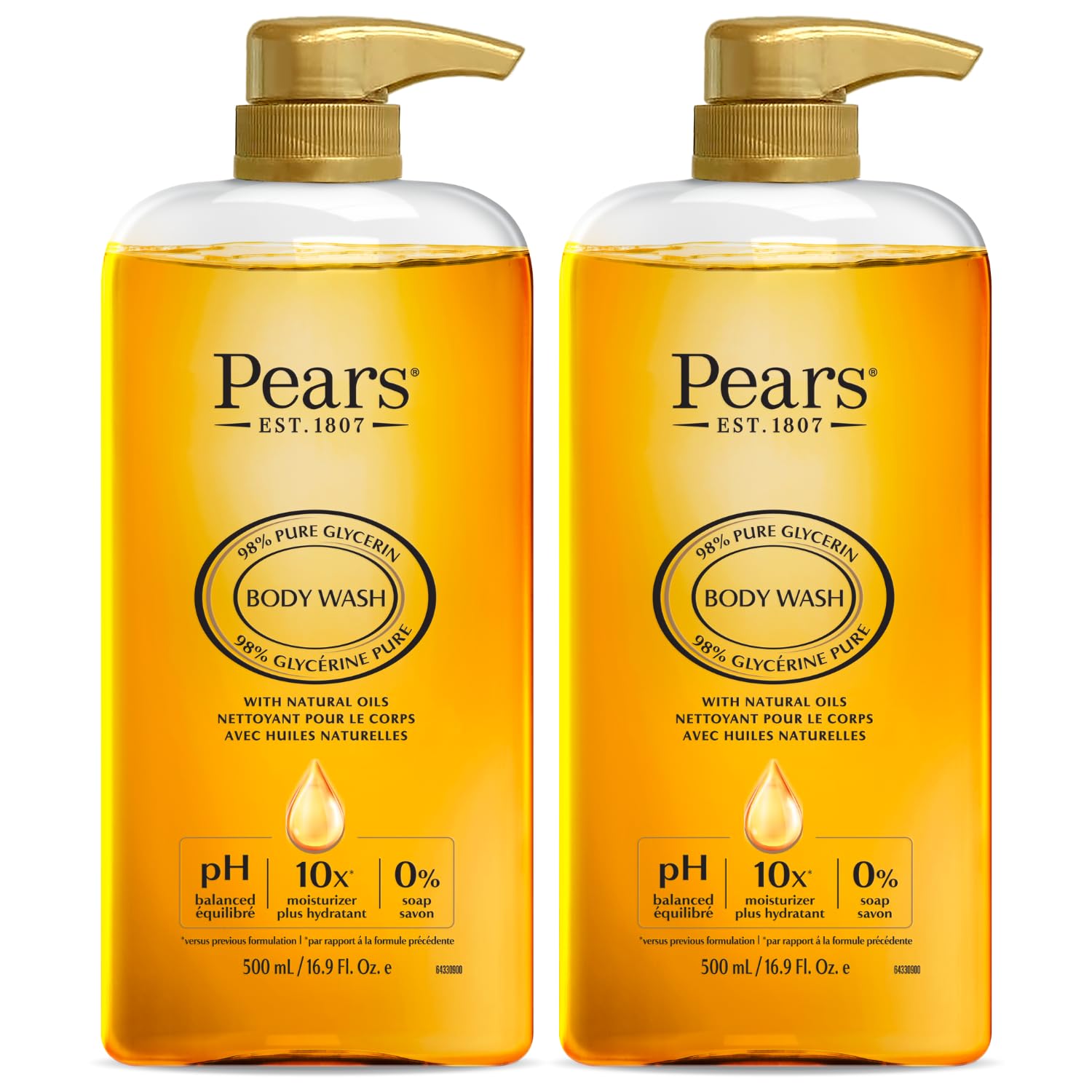 PEARS Body Wash for Glowing Skin - 100% Soap-Free Glycerin Cleanser with Natural Oils | Pure & Gentle Formula | 16.9 Fl Oz (Pack of 2) | Perfect for Daily Shower & Spa Relaxation at Home