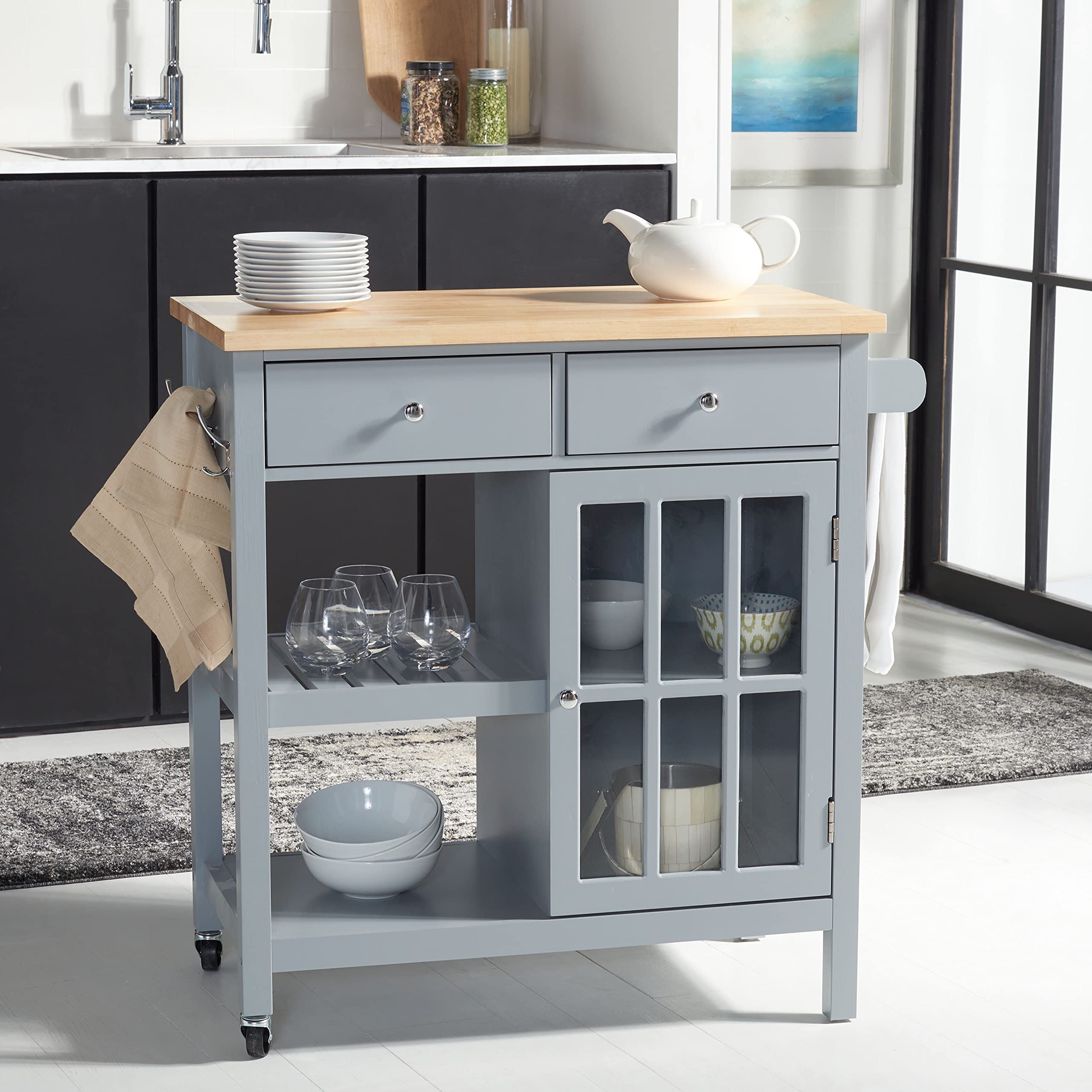 SAFAVIEH Locklyn 2-Drawer Rolling Kitchen Cart - Grey & Natural Storage Trolley with Wheels | Perfect for Small Spaces, Pantry Organization & Mobile Kitchen Storage