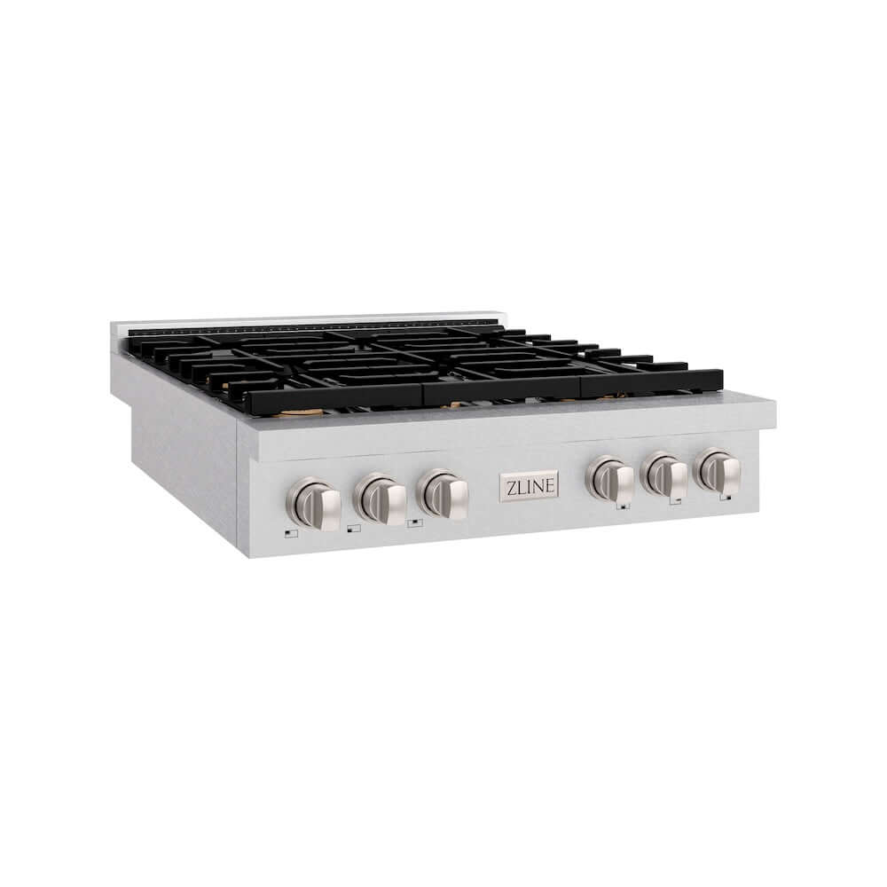 ZLINE 36 Inch Paramount Gas Rangetop with 6 Brass Burners & Porcelain Cooktop in Satin Stainless Steel (SRTS BR 36) - Professional Kitchen Upgrade for Home Chefs & Culinary Enthusiasts