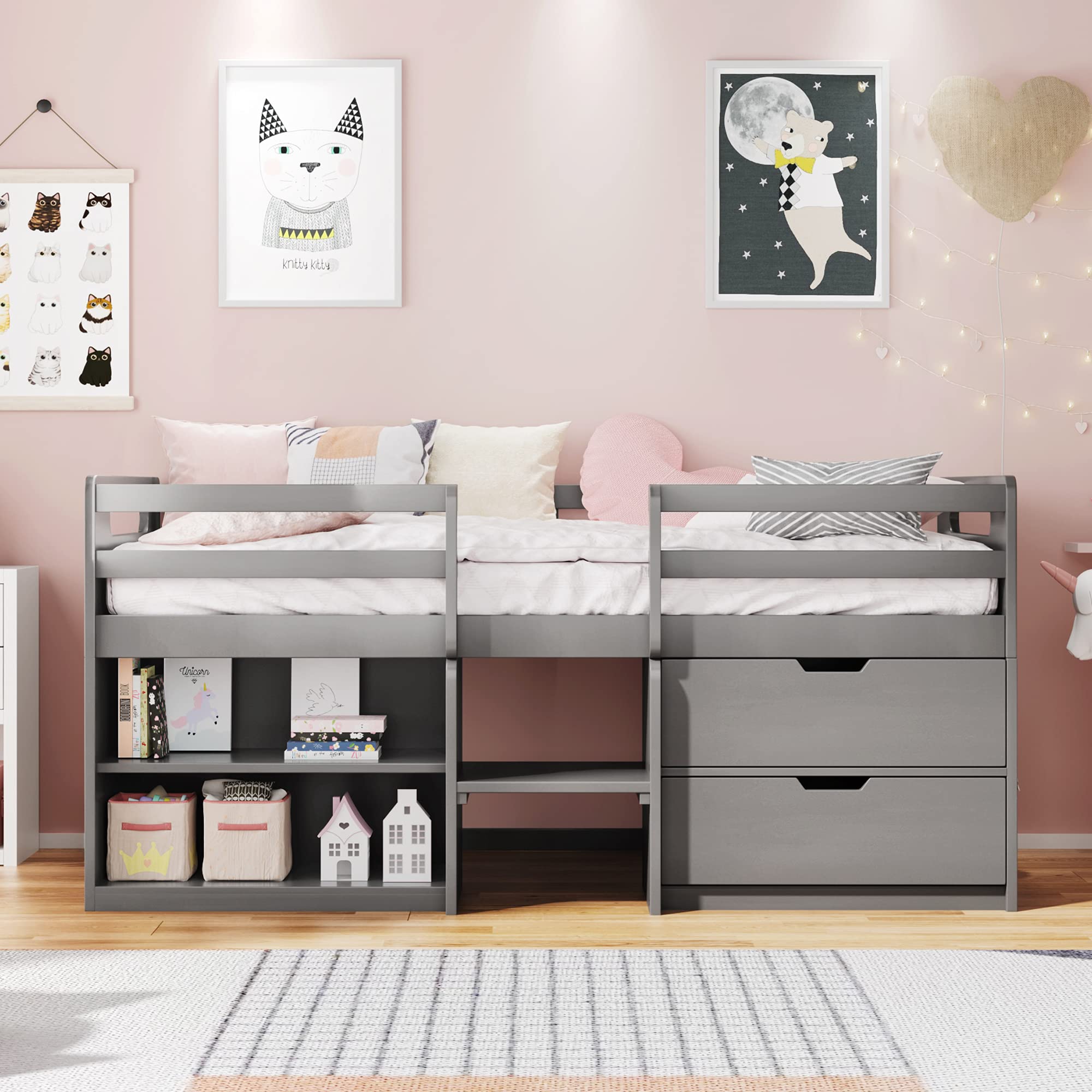 Twin Size Low Loft Bed for Kids & Teens - Solid Wood Loft Bed with 2 Shelves, 2 Drawers & Safety Guard Rail - Space-Saving Bedroom & Dorm Furniture - Perfect for Small Rooms & College Dorms (Gray)