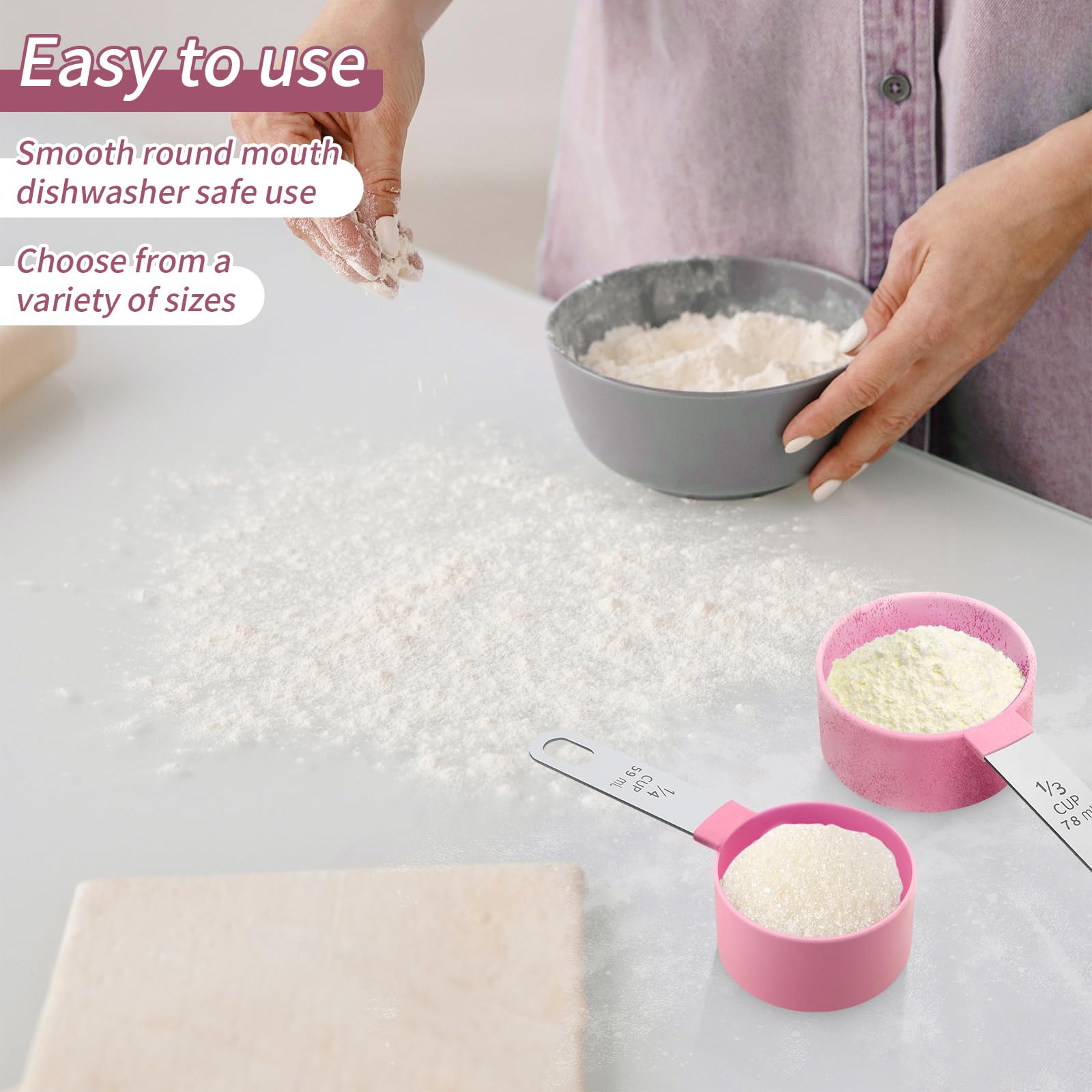 **Stainless Steel Measuring Cups and Spoons Set - Nesting Dry & Liquid Measuring Cups with Plastic Handle - Baking & Cooking Essentials for Kitchen (Pink)**    Perfect for measuring flour, sugar, spices, oils, and liquids – ideal for baking, meal prep, and home cooking.