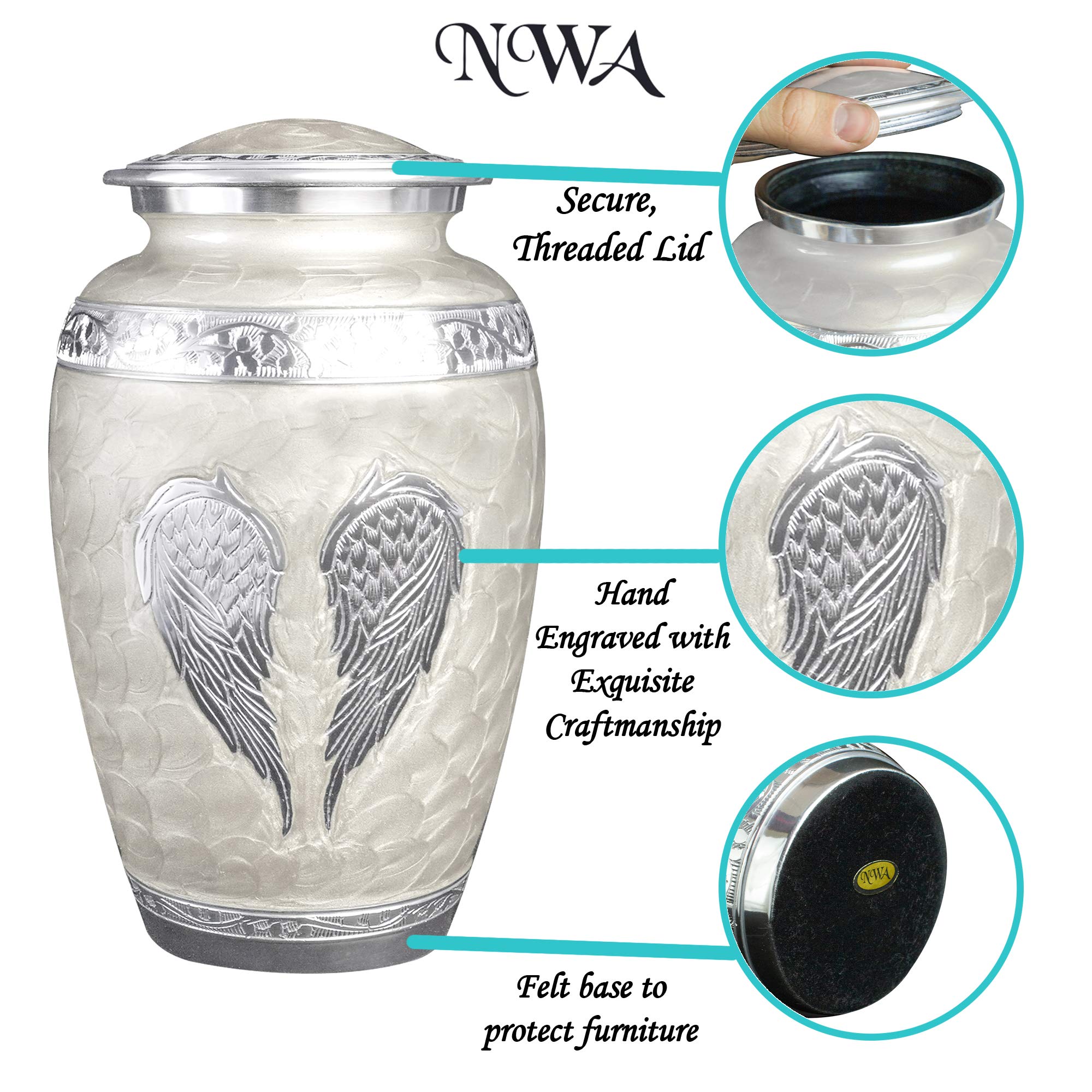 White Angel Wings Funeral Cremation Urn with Matching Keepsake Velvet Bags - Personalized Memorial Urn for Ashes (Pearl White, Large) - Perfect for Funeral Services, Memorial Displays & Home Keepsakes