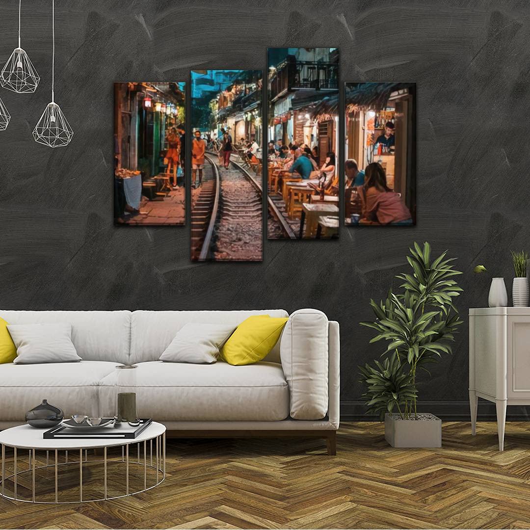IGOONE 4-Panel Canvas Wall Art - Hanoi Vietnam Train Street Restaurant Scene Painting, Modern Framed Poster for Living Room & Bedroom Decor | Ready to Hang Home Decoration | Perfect for Housewarming Gift & Apartment Wall Decor