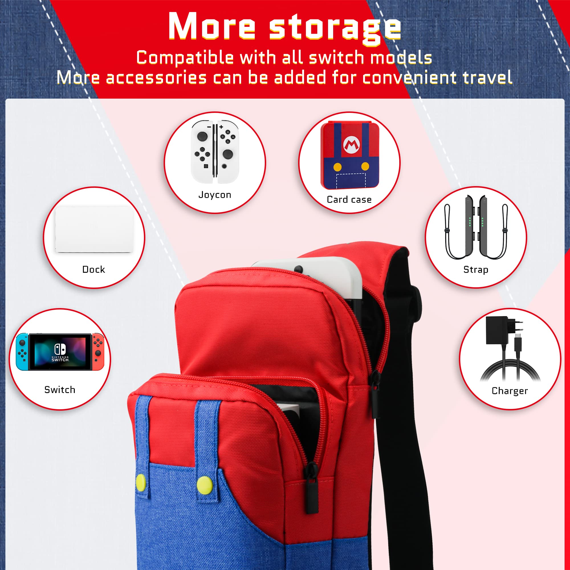Super Mario Switch Travel Bag - Red & Blue Crossbody Backpack with Game Case for Nintendo Switch/OLED/Lite | Portable Gaming Accessories for Travel & Commute