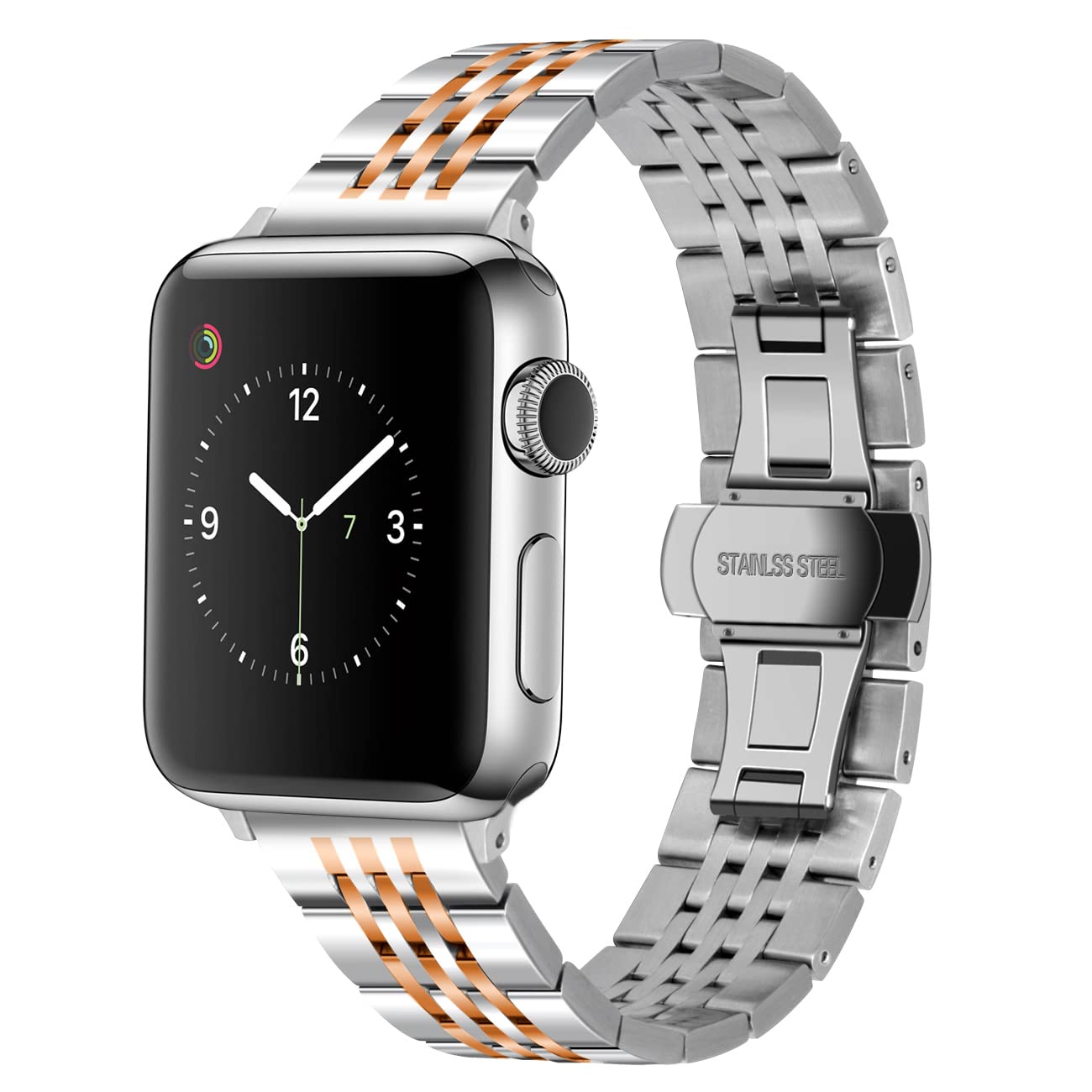 Premium Stainless Steel Apple Watch Band - Gold Silver Black Rose Glossy Metal Strap Compatible with iWatch Series 8/7/6/5/4/3/2/1/SE/Ultra (38mm-49mm) - Elegant & Durable Replacement Band for Women & Men | Perfect for Workouts, Office & Everyday Wear