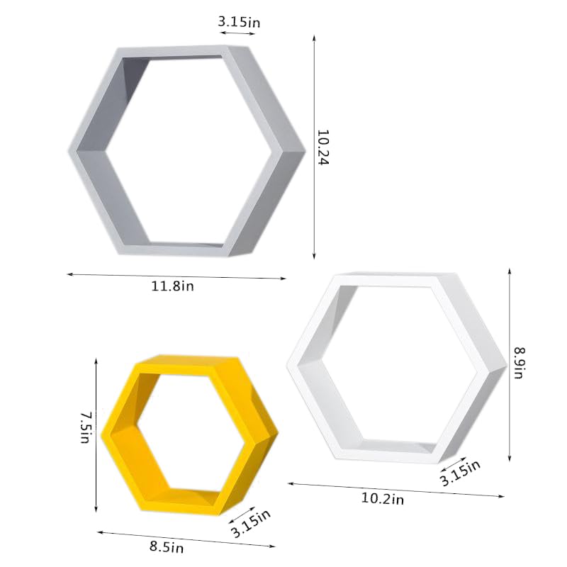 Hexagon Floating Shelves Set of 3 - White, Grey & Yellow Wooden Wall Mounted Shelves for Home Decor | Wall Organizer for Living Room, Bedroom & Office Storage