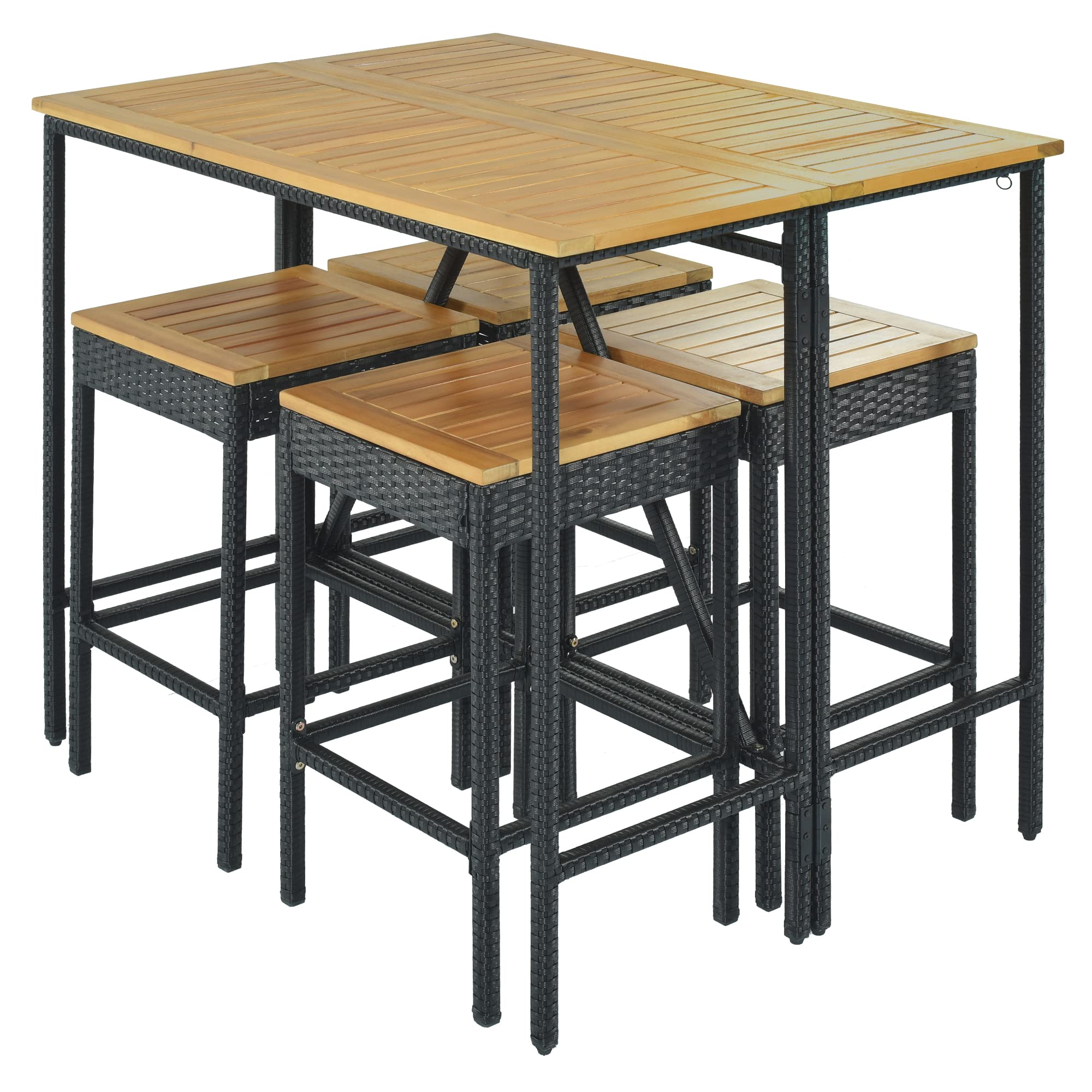 5-Piece Outdoor Patio Wicker Bar Set - High-Dining PE Rattan Bistro Set with Foldable Acacia Wood Table & Square Stools - All-Weather Space-Saving Conversation Set for Backyard, Garden or Balcony