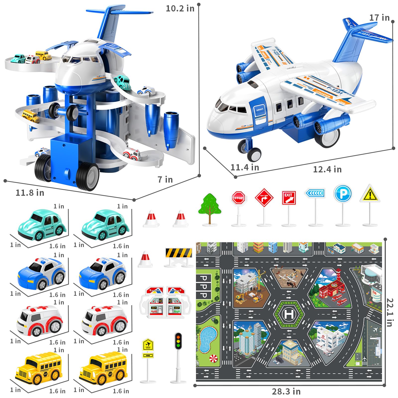 TEMI Kids Airplane & Race Car Toy Set for Boys & Girls Ages 2-7 - 8 City Vehicles with Parking Garage Playmat | STEM Learning Toy for Toddlers | Birthday Gift for 3-6 Year Olds | Perfect for Indoor Play, Preschool Learning & Adventure Imaginative Play