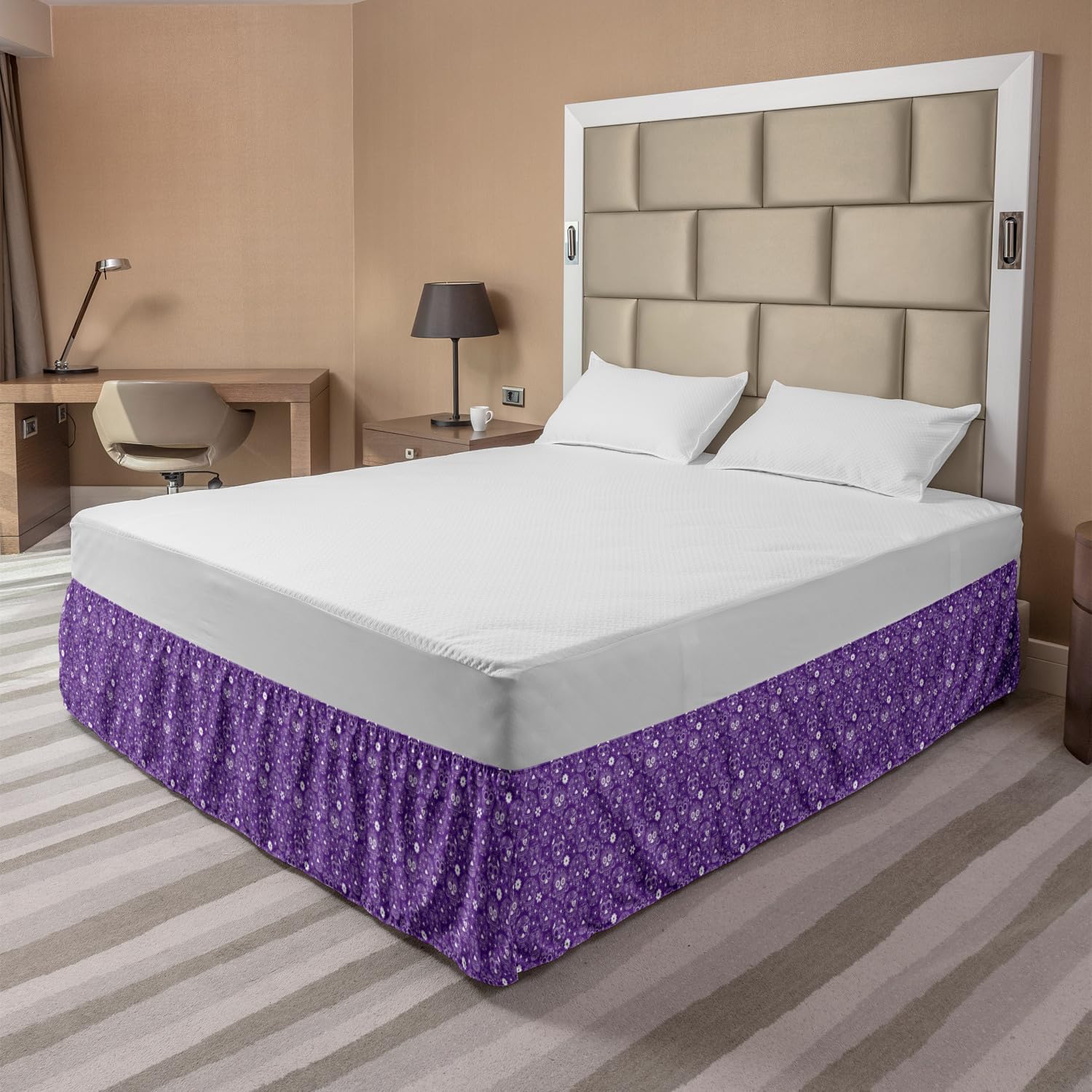 Ambesonne Day of The Dead Bed Skirt - Elastic Wrap Around Dust Ruffle with Floral Sugar Skull Design for King Size Beds, Violet & White - Perfect for Halloween Decor & Spooky Themed Bedrooms