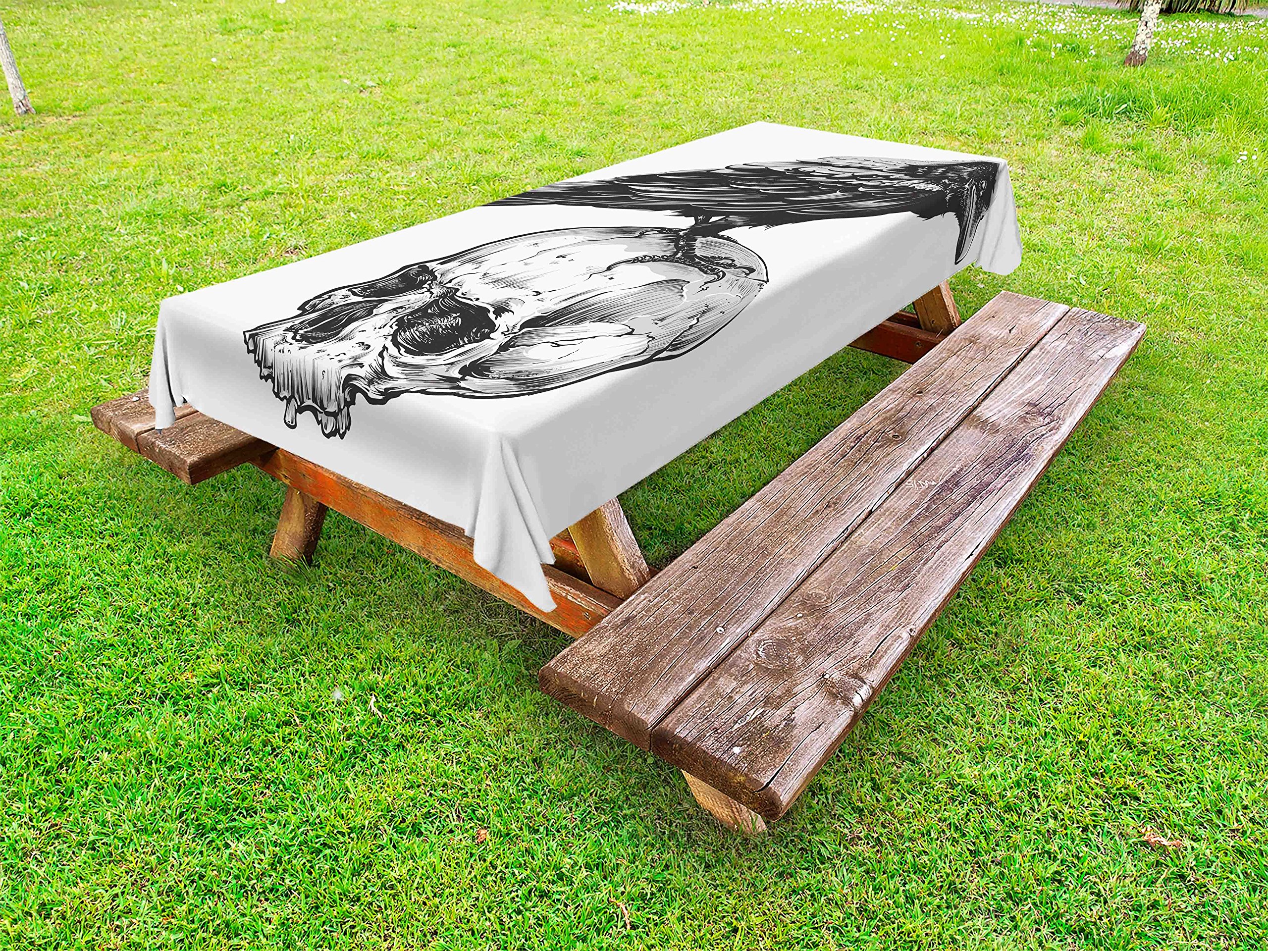 Ambesonne Halloween Tablecloth - Scary Crow on Human Skull Sketch Design, Washable Outdoor Picnic Table Cover 58x120 Inches, Charcoal Grey & White - Perfect for Spooky Parties, Horror Movie Nights & Halloween Decorations