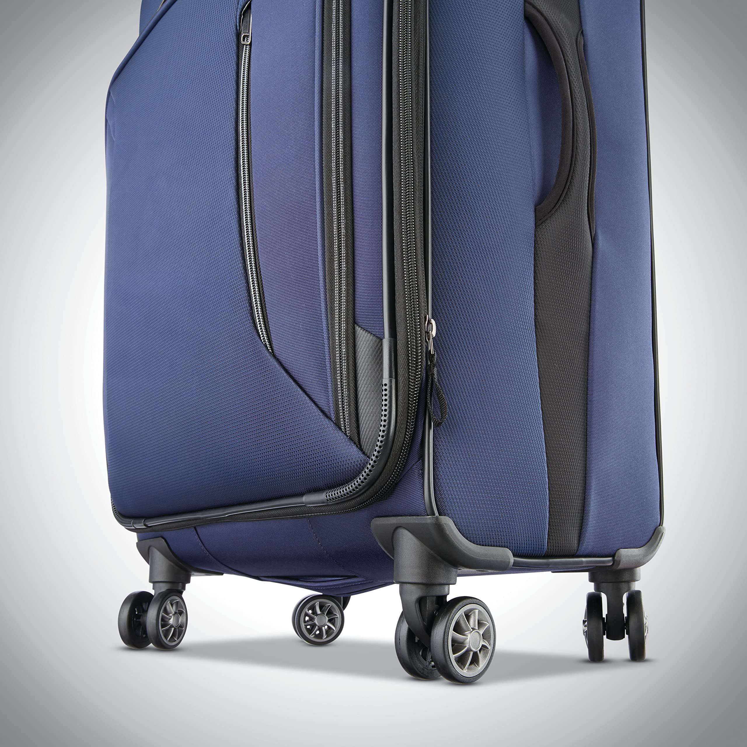 American Tourister Zoom Softside Luggage with 360° Spinner Wheels - Navy Blue Checked-Medium 25-Inch Suitcase for Travel, Business Trips & Family Vacations | Durable & Lightweight Carry-On Luggage