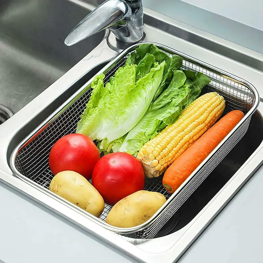 Stainless Steel Over The Sink Kitchen Drainer Basket - Oval Colander Strainer with Fine Mesh & Handle for Washing Fruits Vegetables | Perfect for Kitchen Storage, Dish Drying & Food Prep Organizer