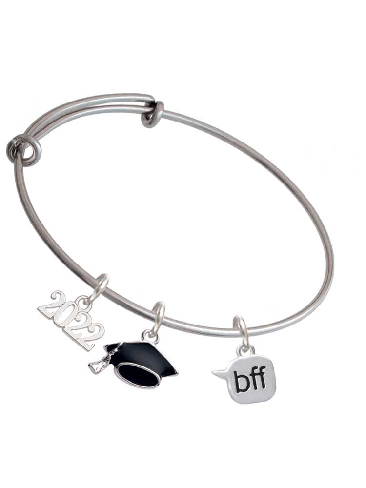 Delight Jewelry Silver-Tone Text Message & Graduation Hat Charm Bangle Bracelet - Perfect for Graduation Gifts, Friendship Jewelry & Everyday Wear