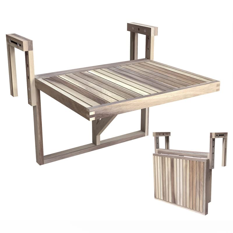 Interbuild Stockholm Folding Balcony Deck Table - Outdoor Hanging Railing Bar Table - FSC Certified Acacia Wood - Adjustable Size 24 x 18 Inches - Organic White Finish - Perfect for Small Balconies, Patios & Rooftop Dining